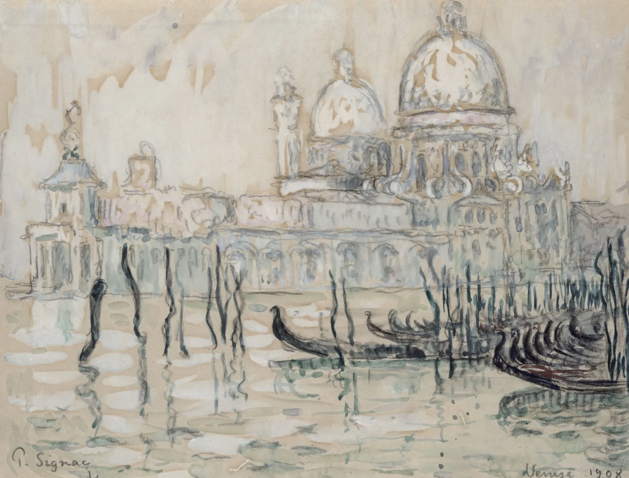 Venise Venise by Paul Signac. An airy watercolor depiction of Santa Maria della Salute in Venice with gondolas in the foreground.