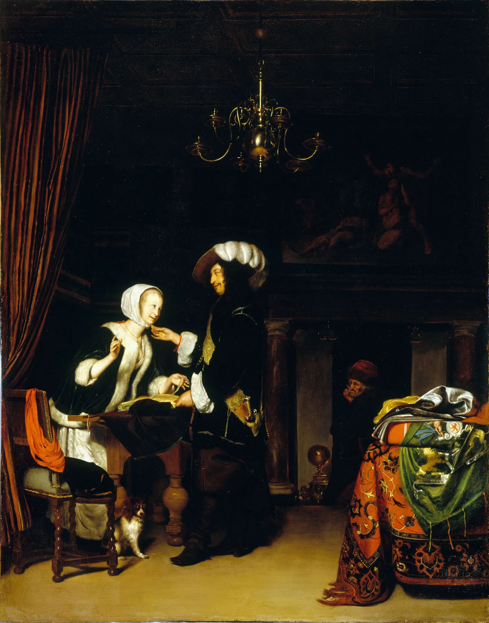 The Gentleman in the Shop The Gentleman in the Shop by Unknown Artist. A finely dressed gentleman in a feathered hat interacts with a woman at a shop counter, illuminated by dramatic light from above.