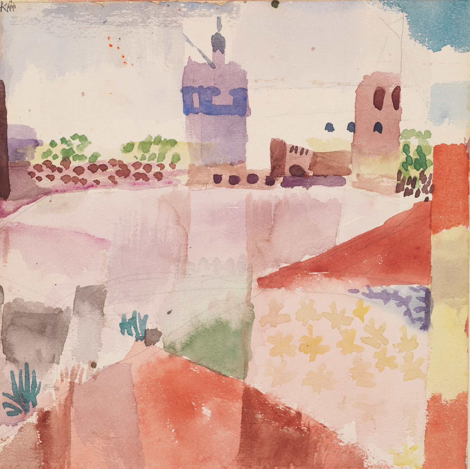 Hammamet with Its Mosque Hammamet with Its Mosque by Paul Klee. A modernist abstract watercolor of a townscape with a central mosque tower, rendered in a mosaic of warm reds, purples, and yellows.