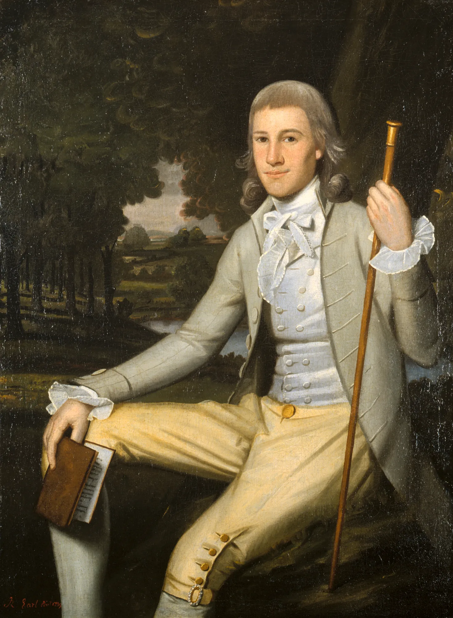 Moses Seymour, Jr. Moses Seymour, Jr. by Ralph Earl. A young man in 18th-century attire sits outdoors holding a book and a cane against a wooded landscape.