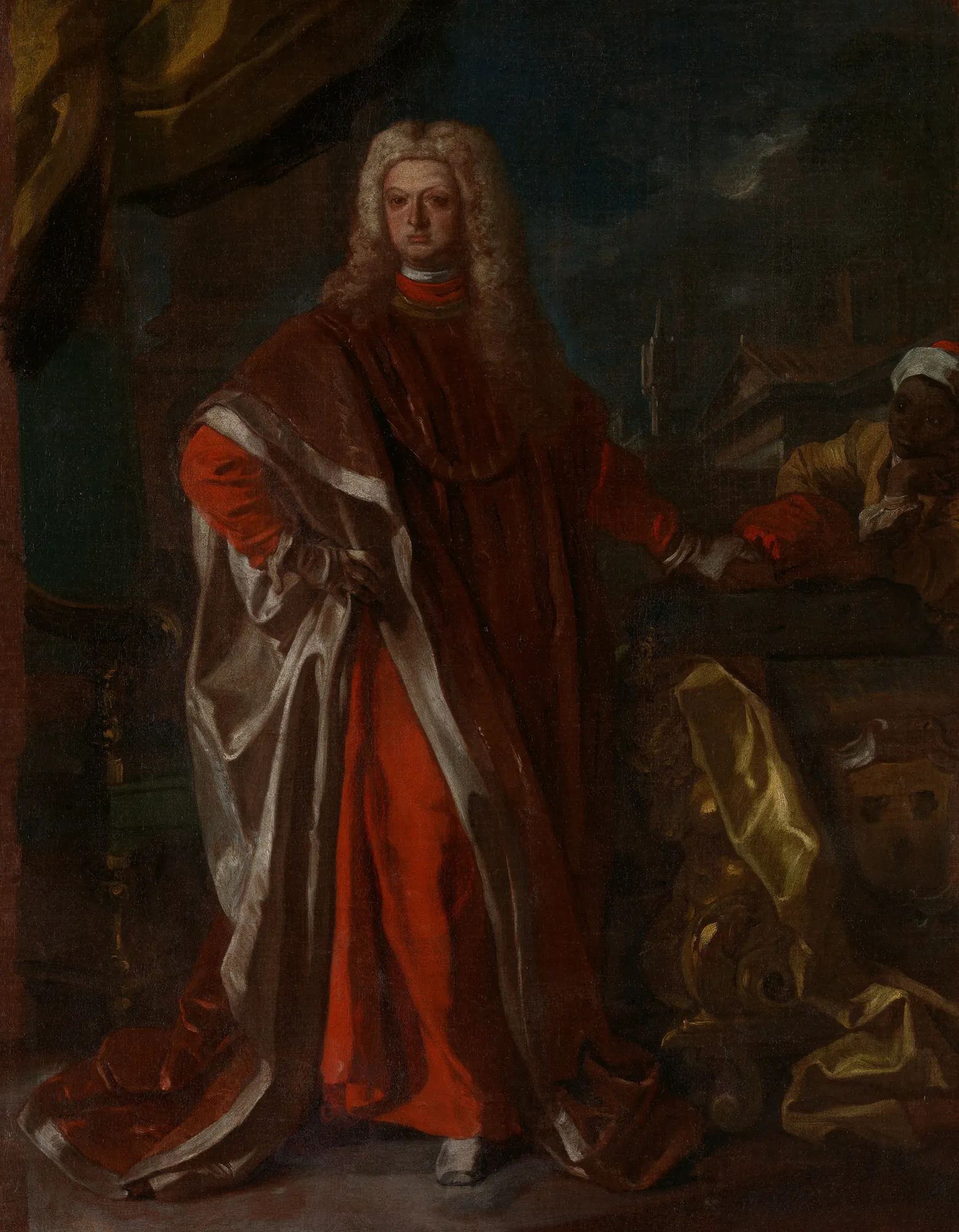 Diego Pignatelli d'Aragona Diego Pignatelli d'Aragona by Francesco Solimena. A full-length Baroque portrait of a nobleman in flowing red and silver robes, accompanied by a servant against a dark, architectural background.