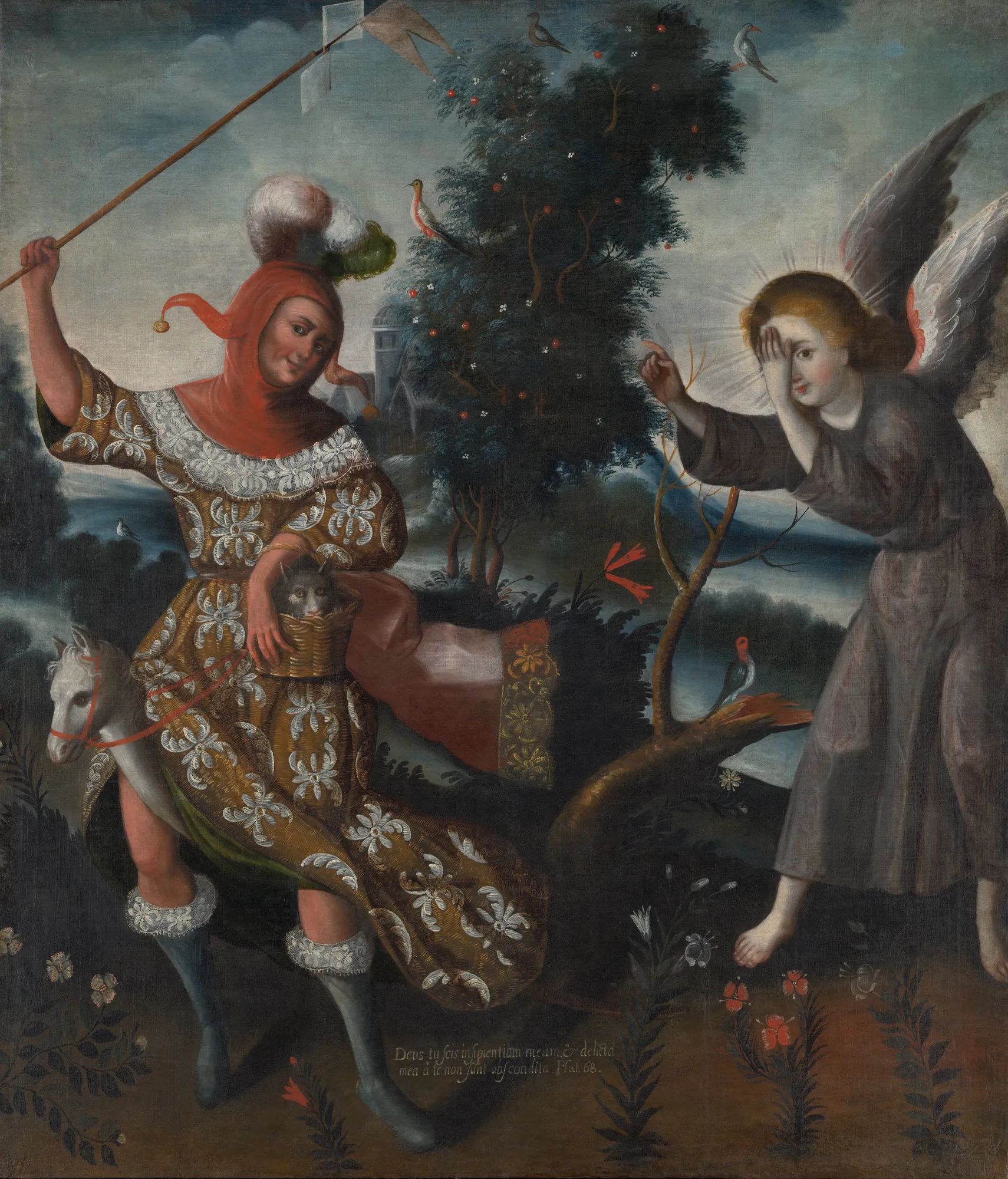 Emblem of Folly Emblem of Folly by Unknown Artist. An allegorical painting of a jester in a red hood riding a hobby horse while a winged angel shields their eyes.