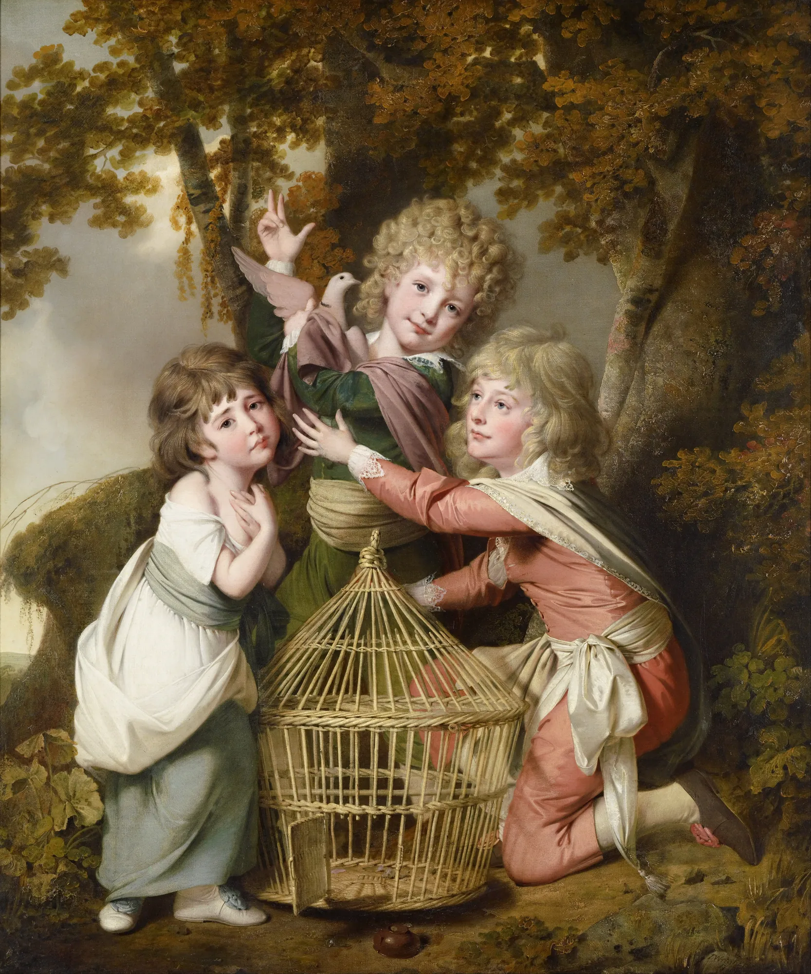 The Synnot Children The Synnot Children by Joseph Wright of Derby. Three children in 18th-century attire are gathered around a wicker birdcage in a woodland setting, with one child holding a white dove.