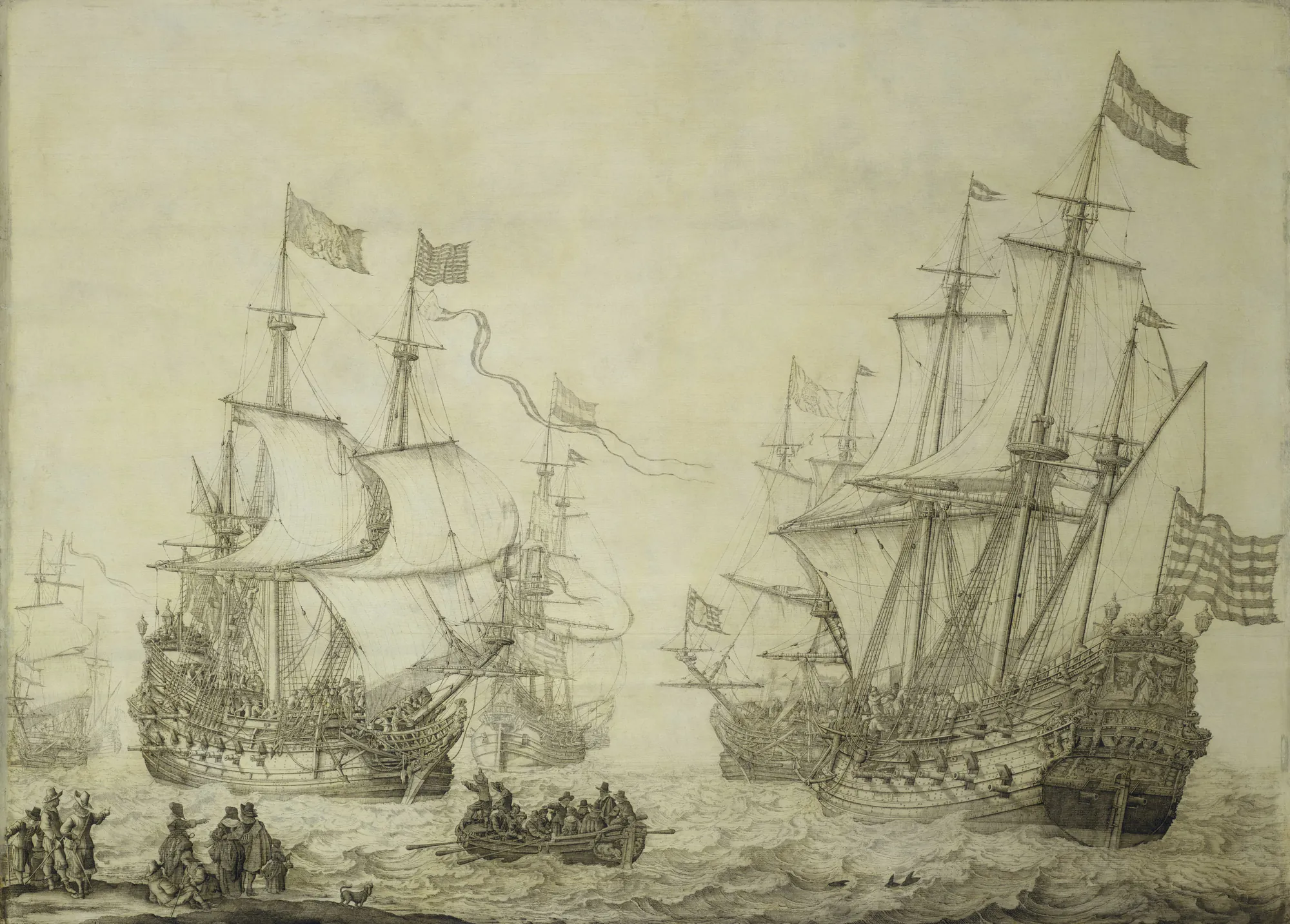 Two Dutch Merchant Ships Under Sail Near the Shore