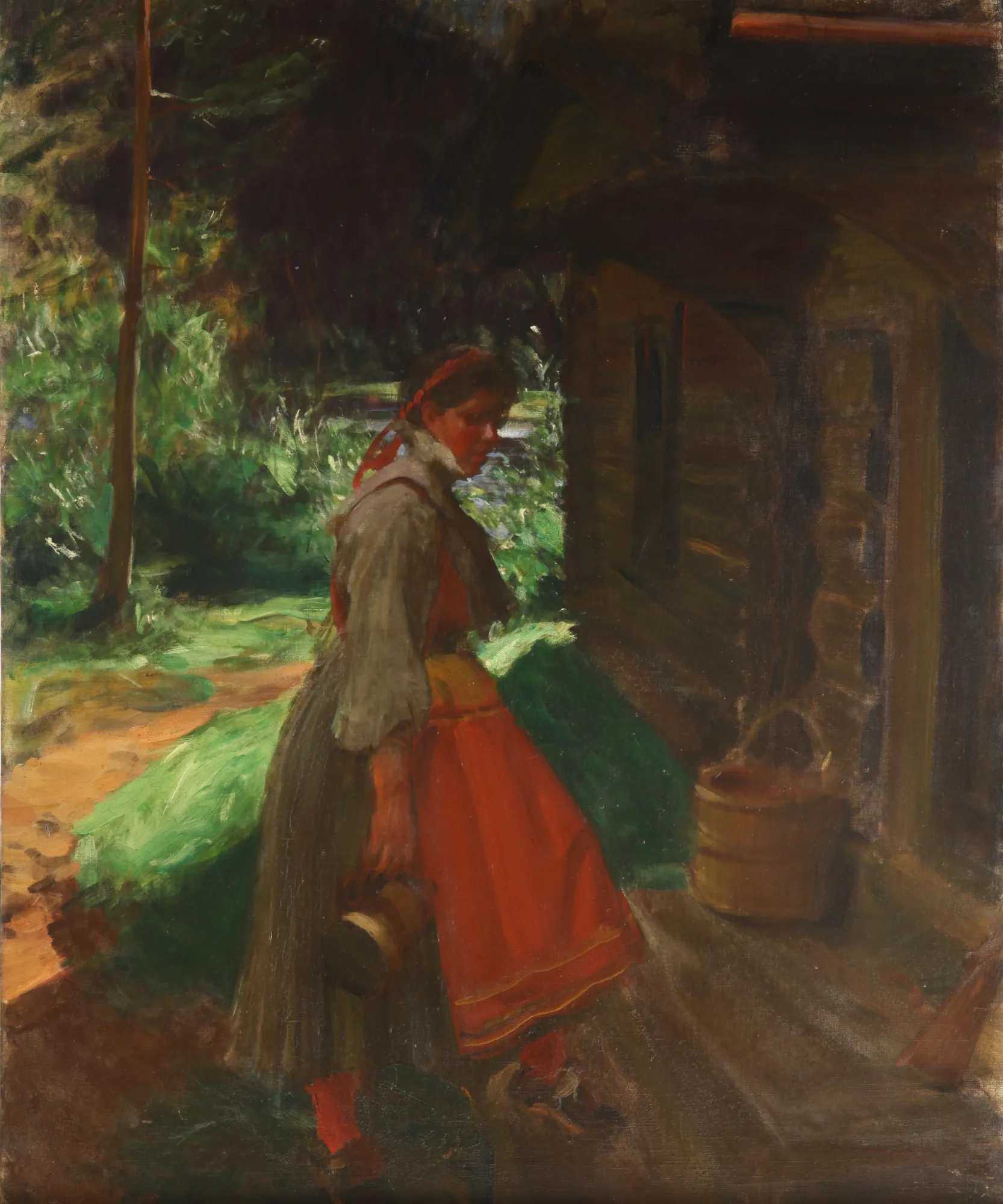 Gopsmor Gopsmor by Anders Zorn. A woman in a traditional red and grey Swedish folk dress stands in the shadows beside a rustic log cabin, with sunlight filtering through trees behind her.