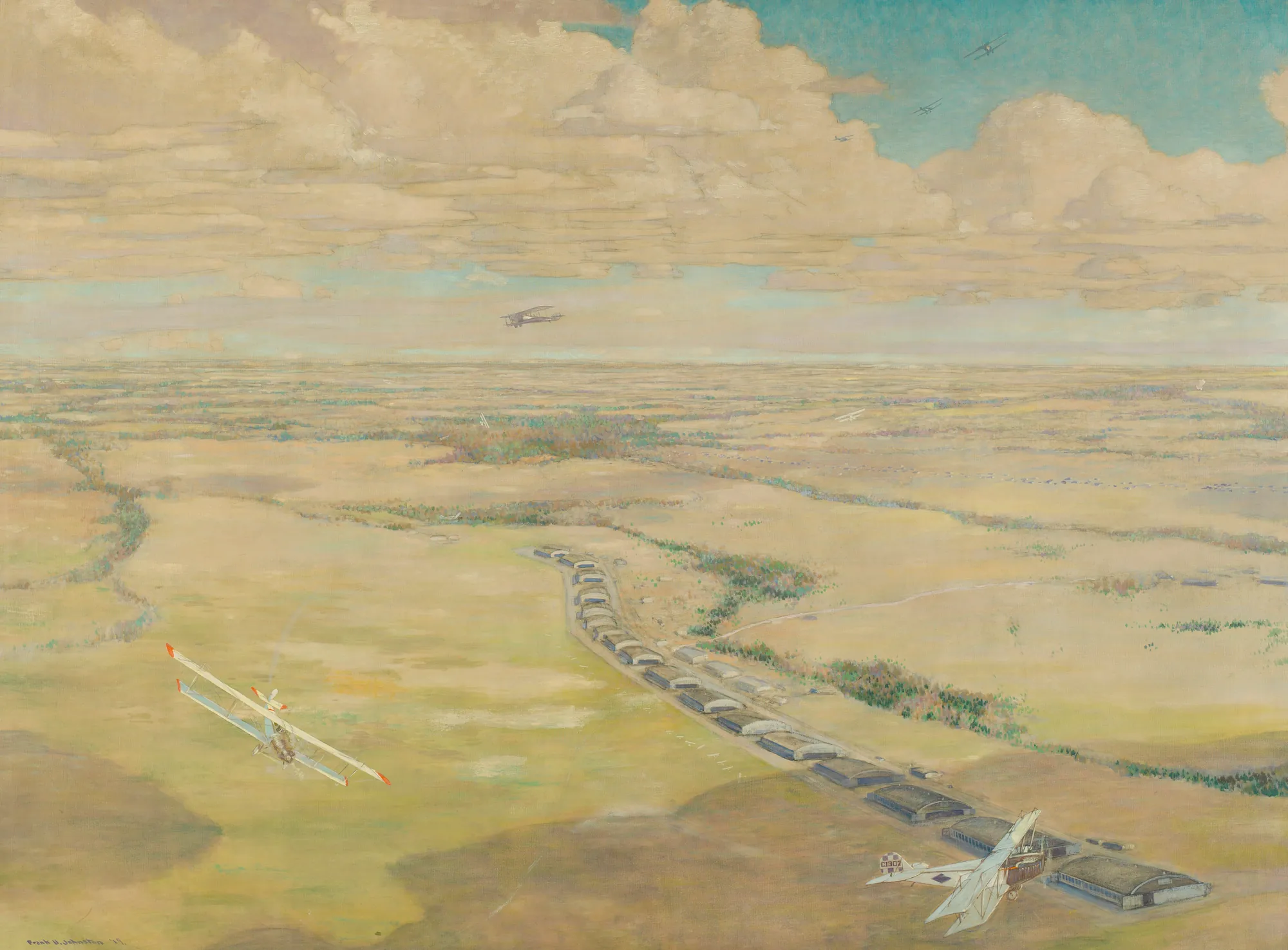Camp Borden Camp Borden by Frank Johnston. An aerial oil painting depicting biplanes flying over an airfield under a vast sky filled with cumulus clouds.