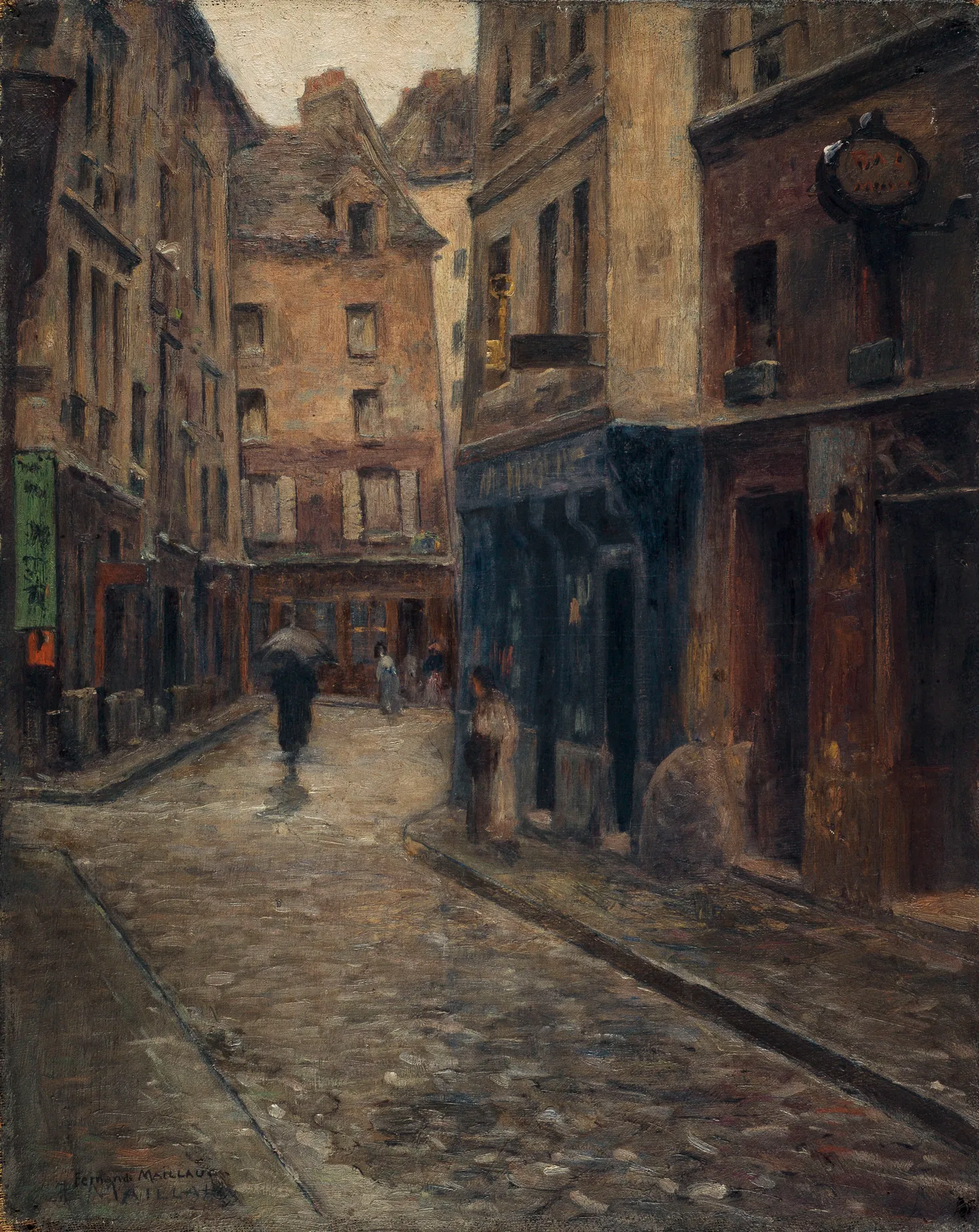 Rue de Lanneau, Effect of Rain Rue de Lanneau, Effect of Rain by Fernand Maillaud. A rainy cobblestone street in Paris lined with tall historic buildings, featuring a lone figure with an umbrella walking away from the viewer.