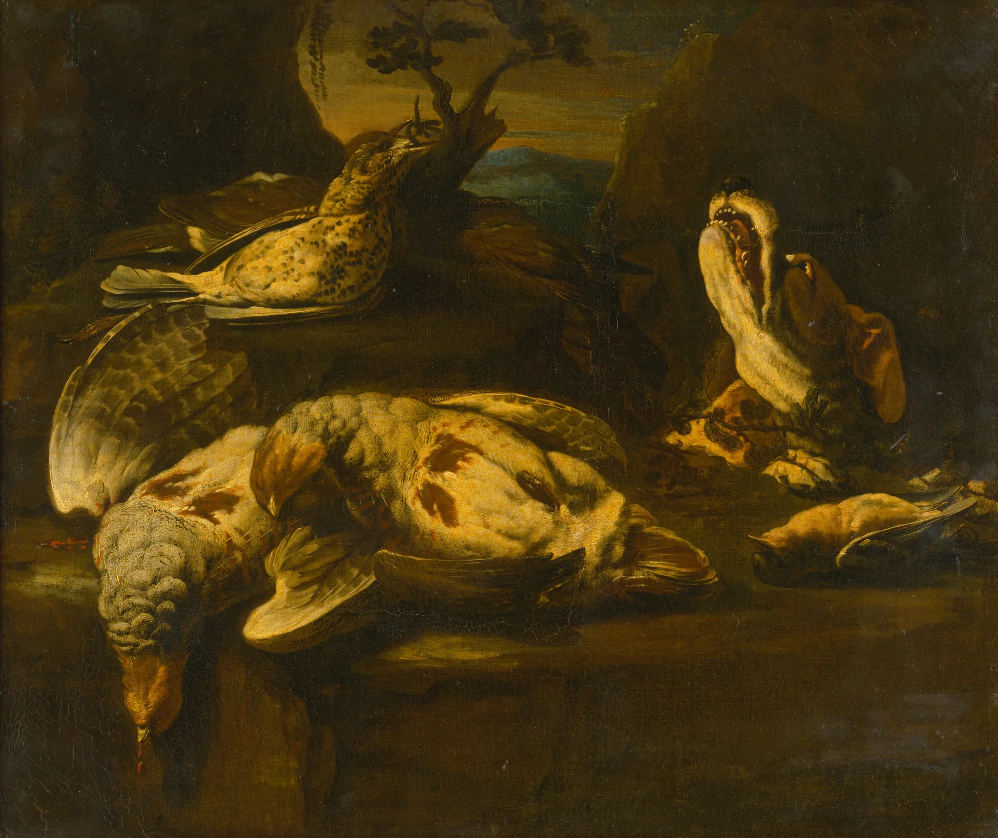 Hunting Still Life Hunting Still Life by Unknown Artist. A dramatic 18th-century hunting still life featuring several game birds and a hunting dog in a dark, atmospheric setting.