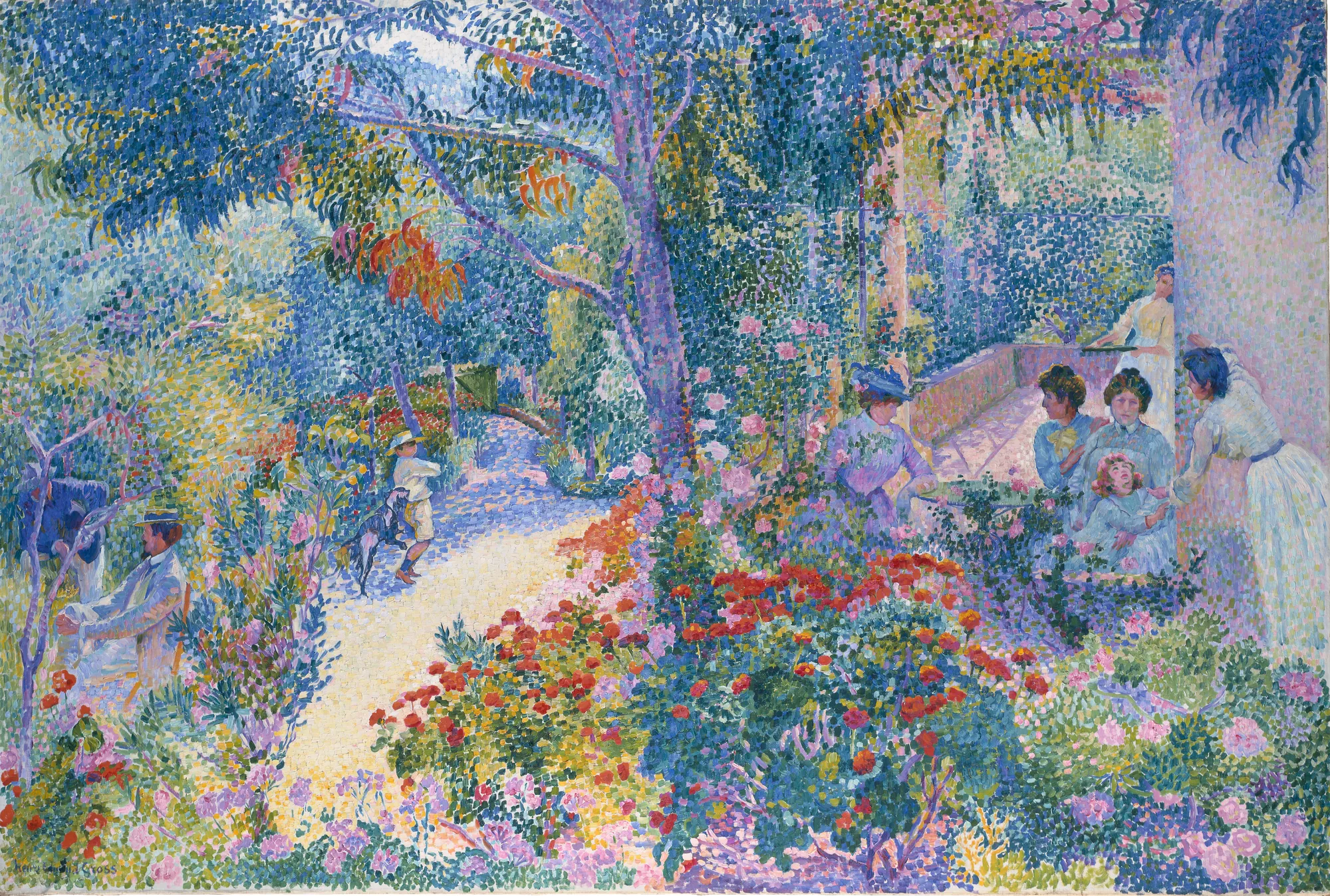 Afternoon in the Garden Afternoon in the Garden by Henri-Edmond Cross. A vibrant pointillist painting depicting various figures relaxing and strolling through a sun-dappled, flower-filled garden under the shade of large trees.