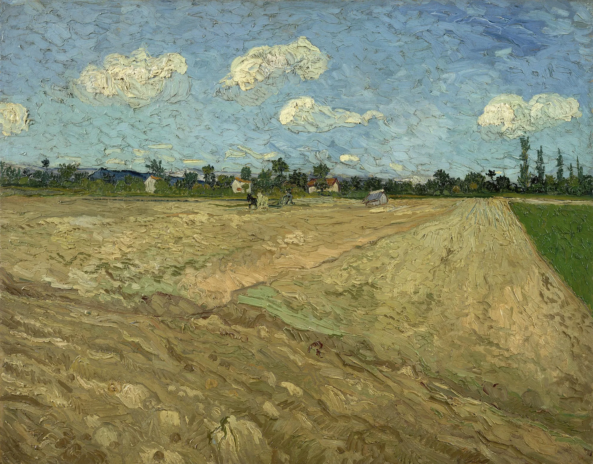 Ploughed Fields Ploughed Fields by Vincent van Gogh. An impressionistic landscape featuring thick, textured brushstrokes of a ploughed brown field under a bright blue sky with swirling white clouds.