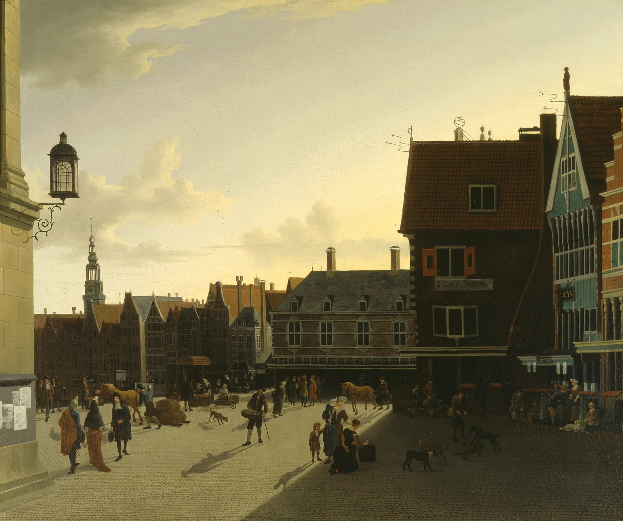 The Dam at Amsterdam The Dam at Amsterdam by Unknown Artist. A detailed 18th-century painting of Dam Square in Amsterdam, showing figures, horses, and gabled buildings under a pale sky.