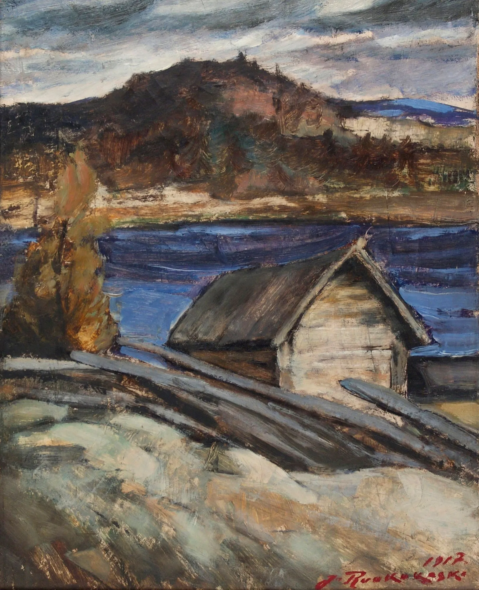 Autumn Landscape (Syysmaisema) Autumn Landscape (Syysmaisema) by Jalmari Ruokokoski. An expressionist oil painting of a small wooden hut by a deep blue lake with a dark hill in the background under a cloudy sky.