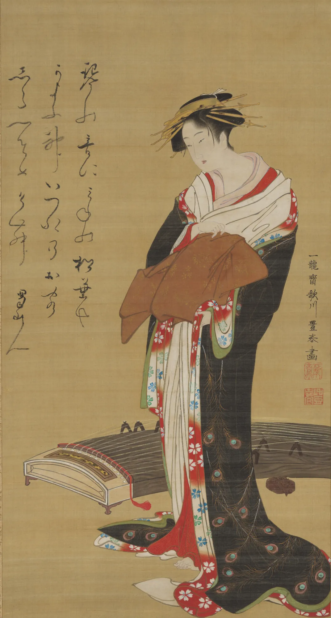 Female Entertainer with a Koto Female Entertainer with a Koto by Utagawa Toyoharu. A standing woman in an ornate peacock-patterned kimono pauses beside a koto instrument, accompanied by vertical lines of Japanese calligraphy.