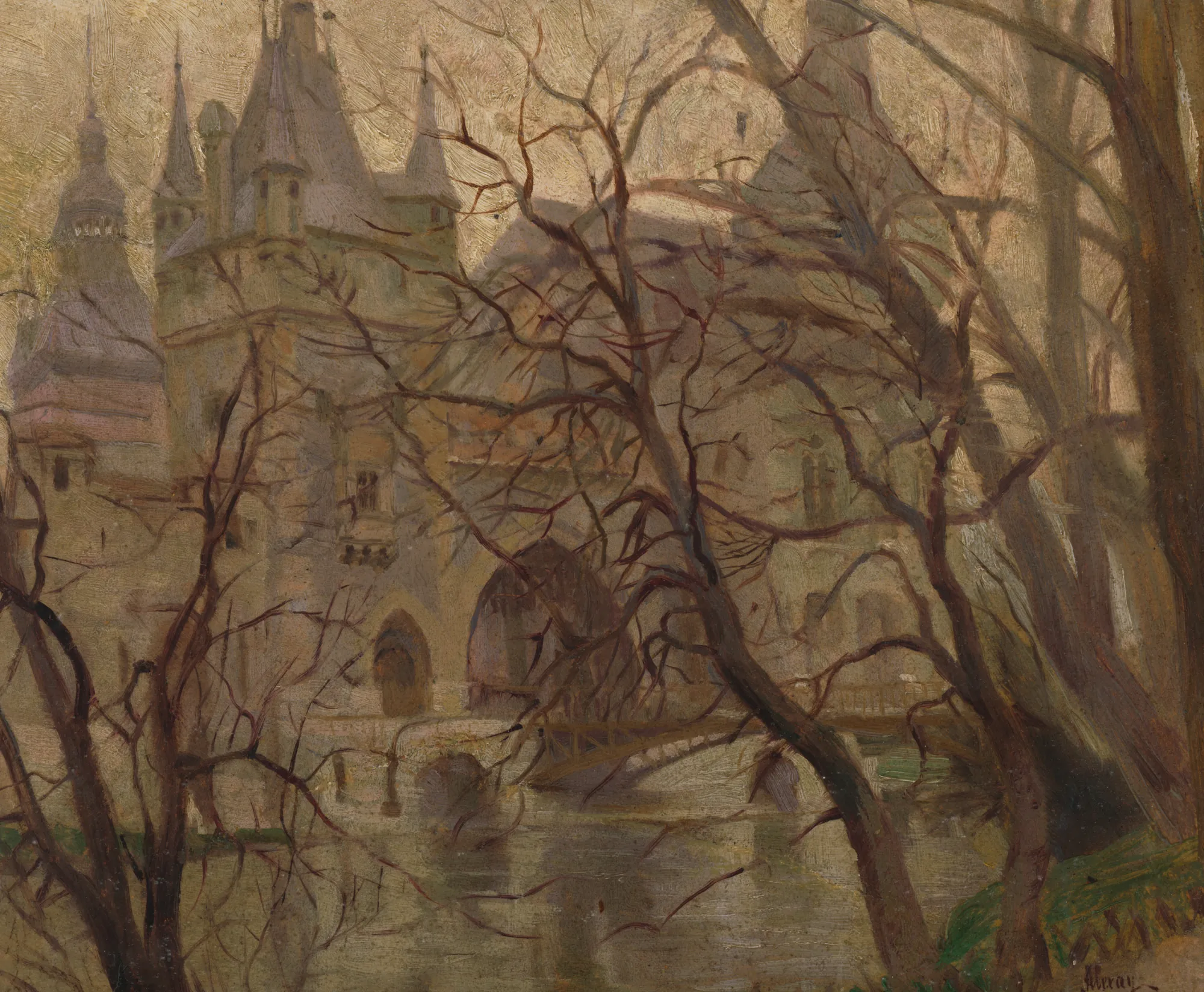 Budapest Budapest by Emile Alexay. An oil painting depicting a gothic castle seen through a dense screen of bare, wintry trees in muted earth tones.