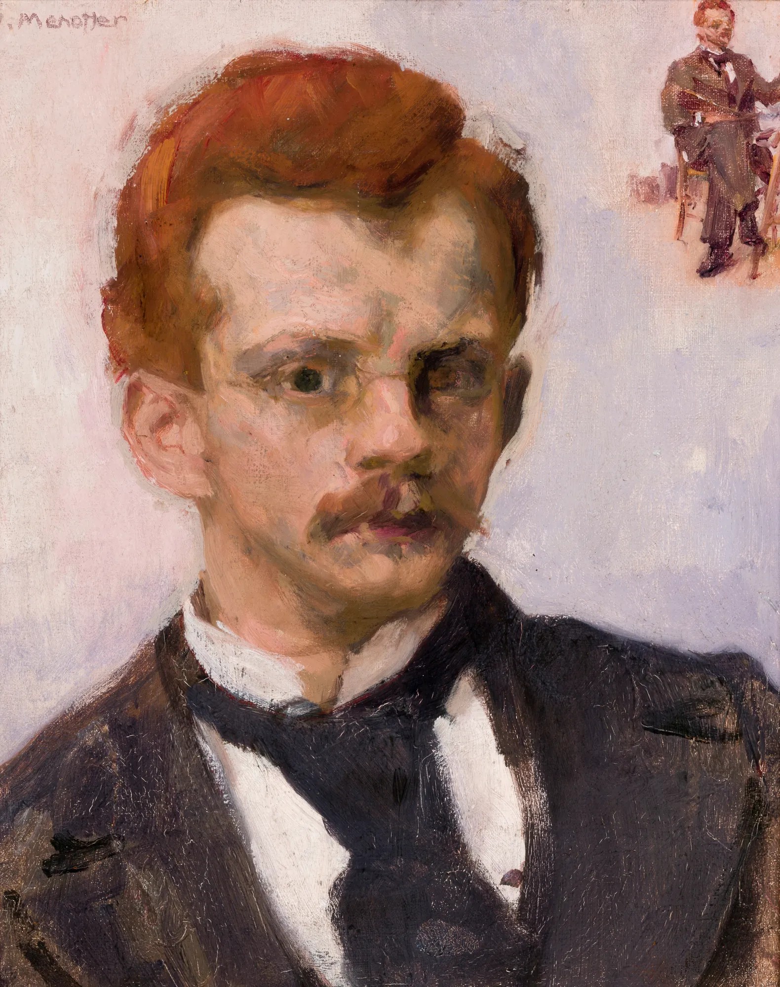 Self-Portrait Self-Portrait by Józef Mehoffer. A painterly oil self-portrait of a man with red hair and a mustache against a pale, textured background with a small secondary figure in the corner.