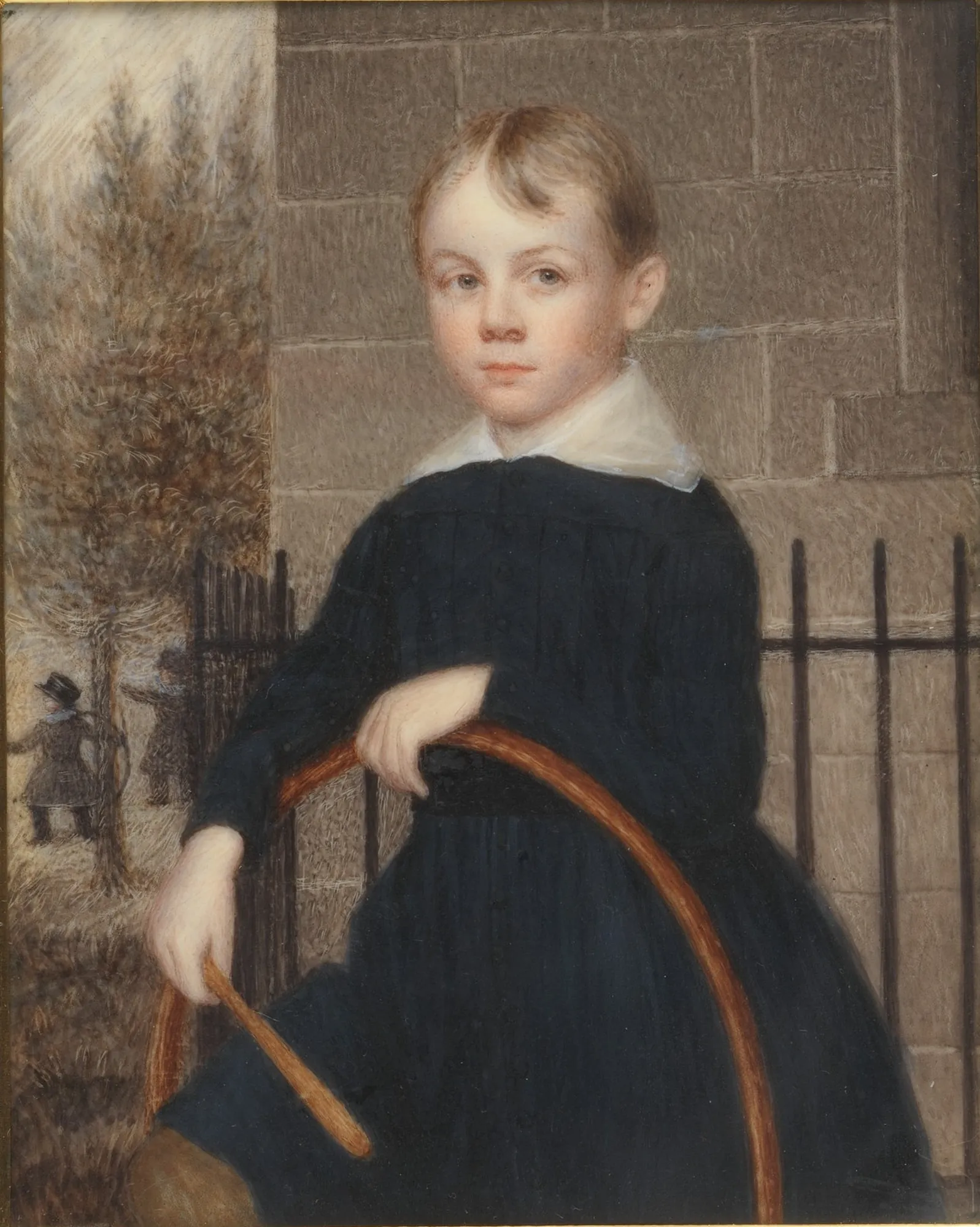 Paul Joseph Revere Paul Joseph Revere by Margaret Maclay Bogardus. A 19th-century portrait of a young boy in a dark blue coat holding a wooden hoop and stick against a stone wall and landscape background.