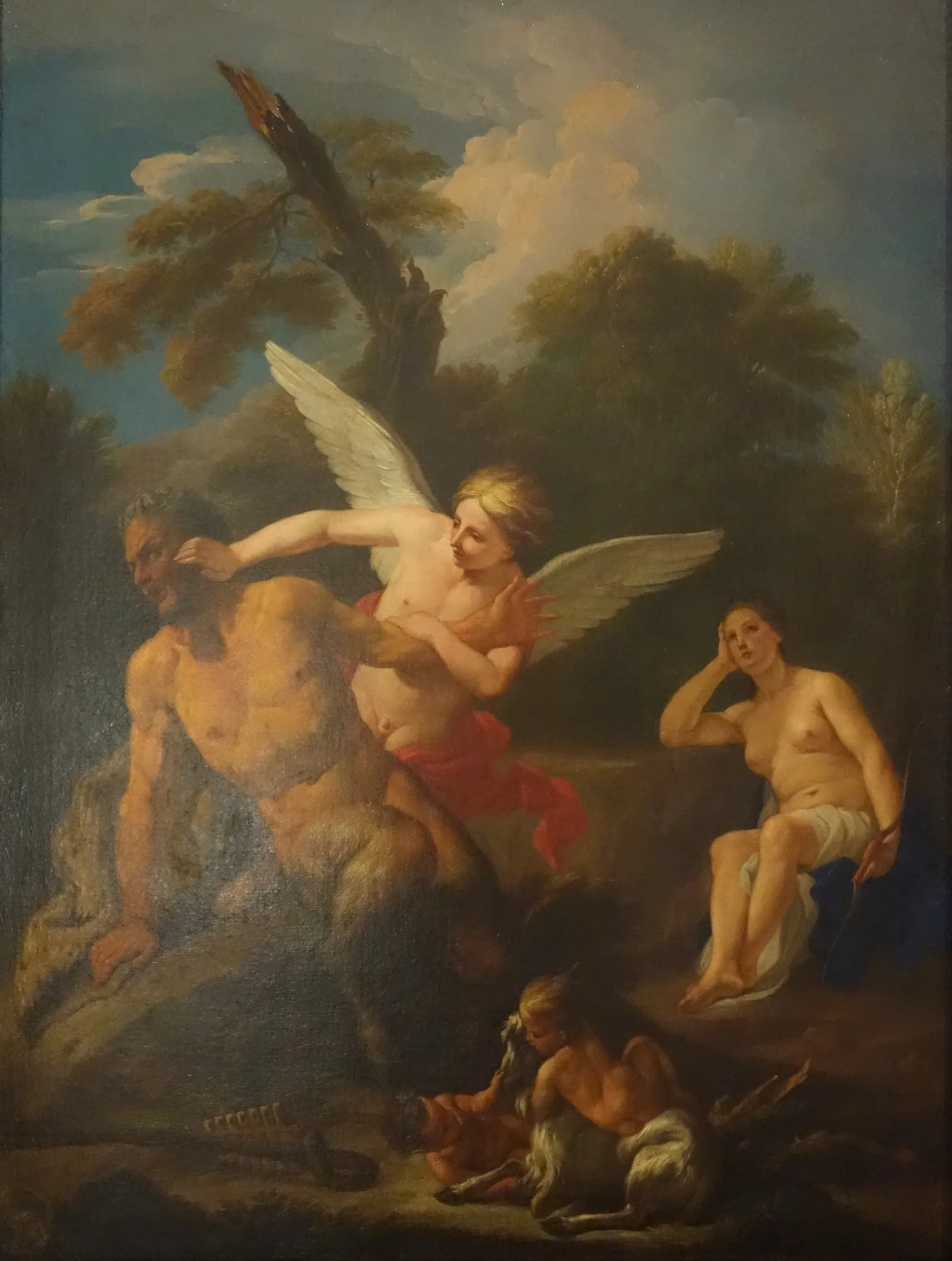 Amore Wrestling with Pan Amore Wrestling with Pan by Giuseppe Galeotti. A winged Amore wrestles with the goat-legged Pan in a lush, wooded landscape as a female figure observes from the side.