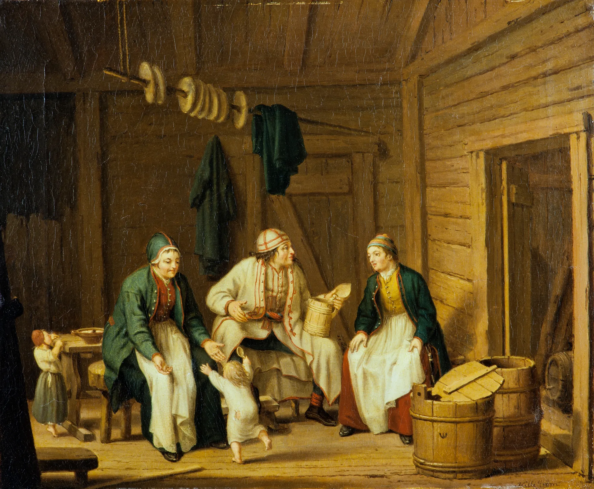 The Costume of Karelia The Costume of Karelia by Pehr Hilleström. A domestic interior scene depicting several figures in traditional Karelian folk costumes gathered around a table in a rustic log room.