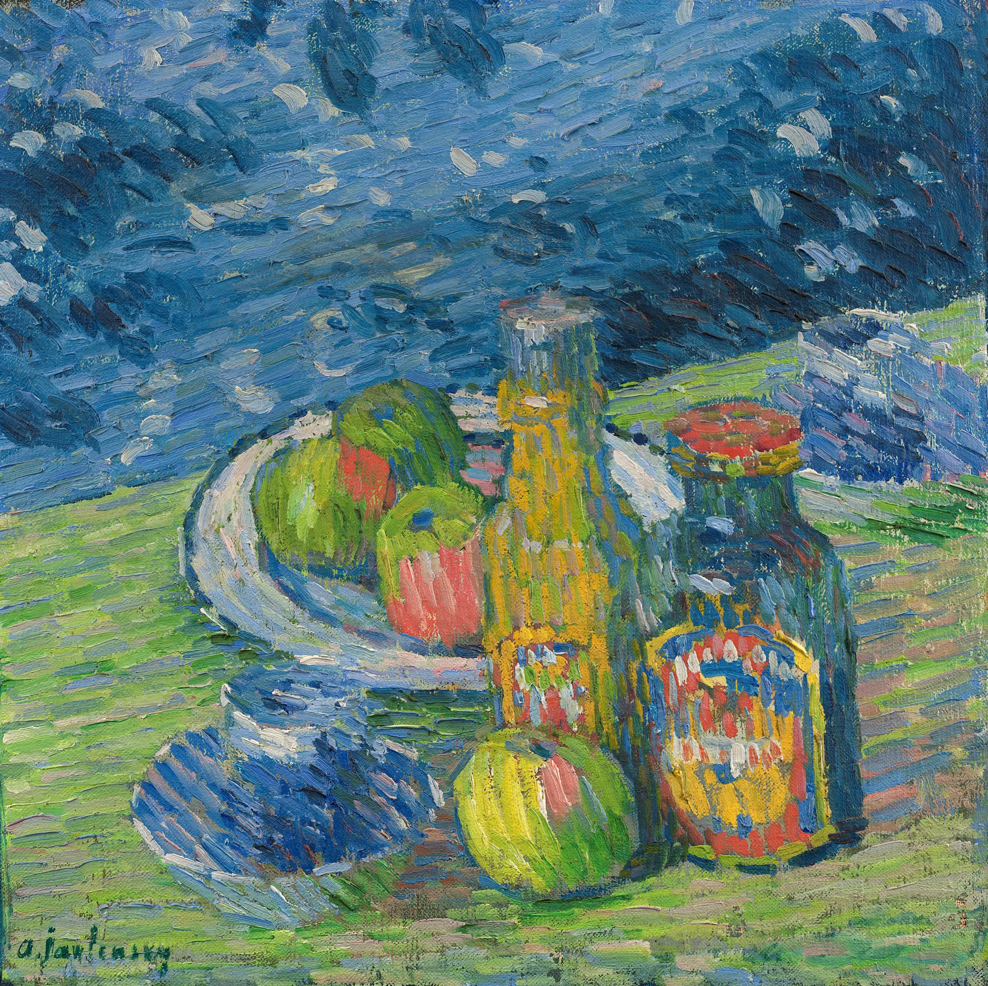 Still Life with Bottles and Fruit Still Life with Bottles and Fruit by Alexej von Jawlensky. A vibrant post-impressionist still life depicting several green apples and two colorful bottles rendered with thick, rhythmic brushstrokes against a textured blue background.