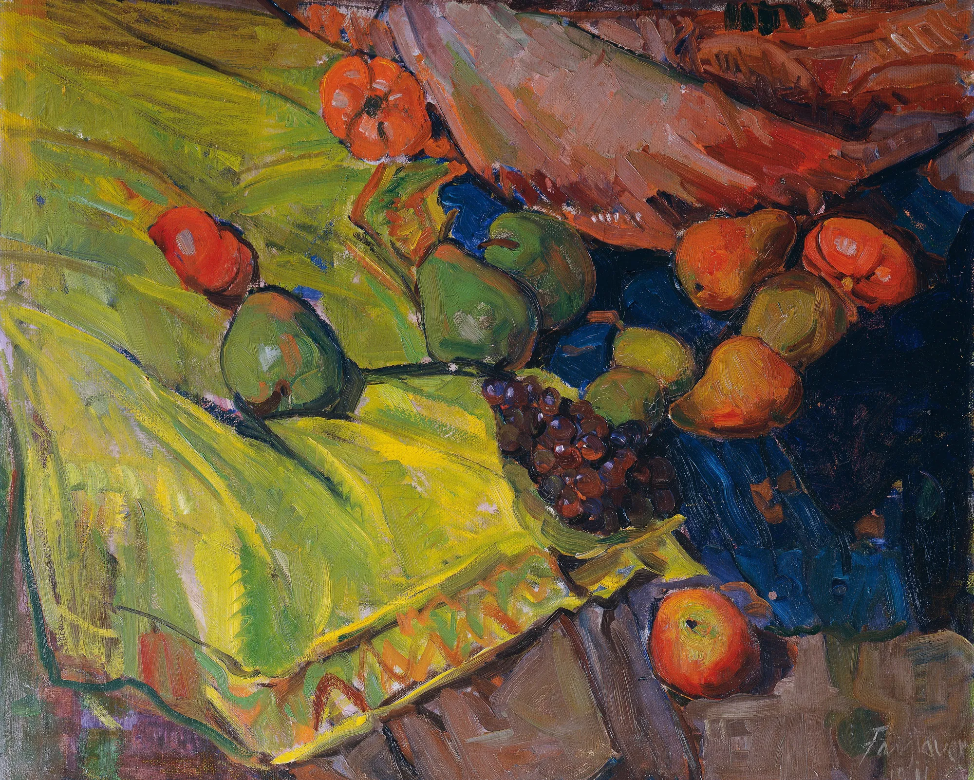 Still Life with Fruits on Green Cloth