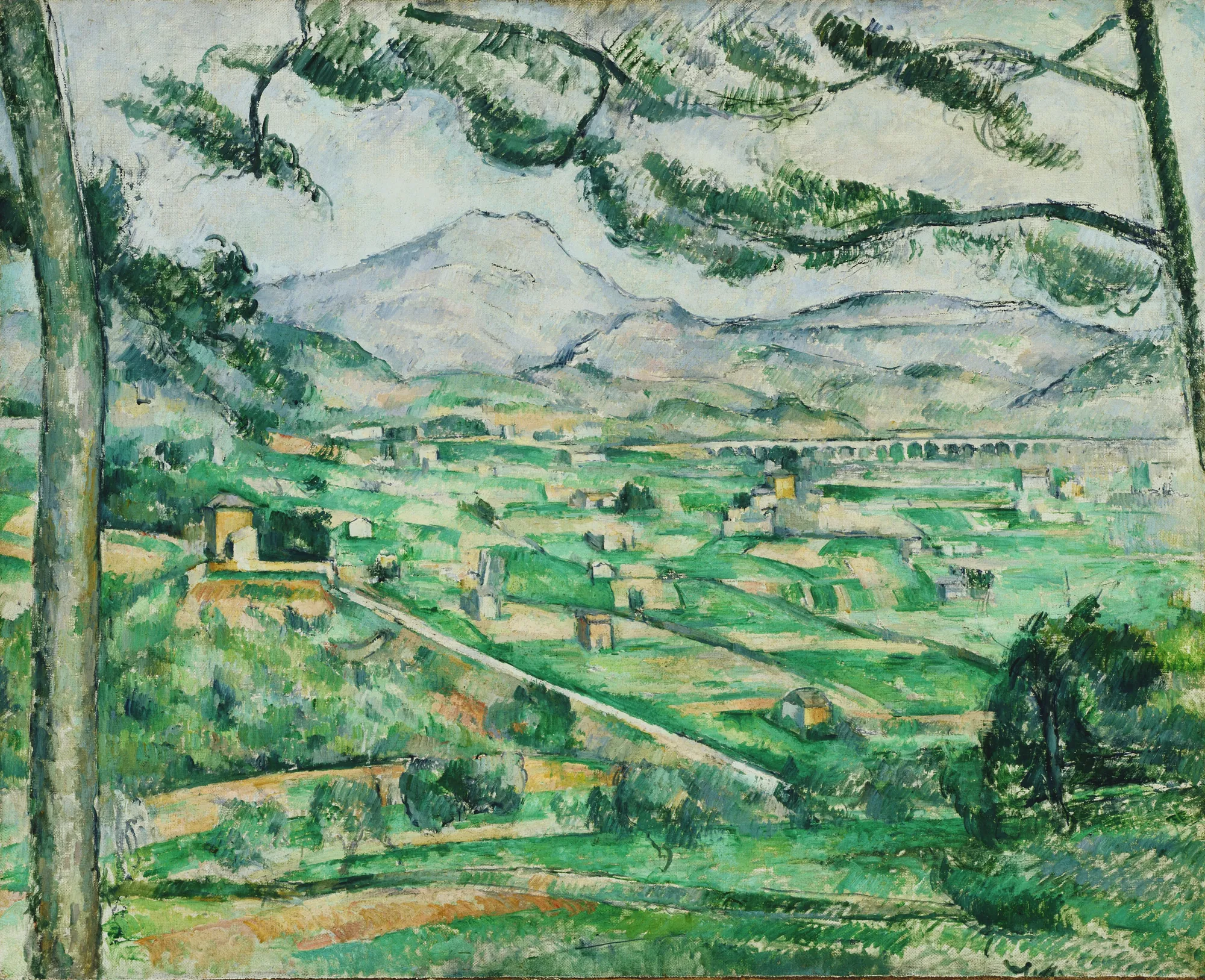 Mont Sainte-Victoire Mont Sainte-Victoire by Paul Cézanne. An oil painting depicting a verdant valley in Provence with a prominent mountain peak in the distance, framed by the branches of a pine tree.