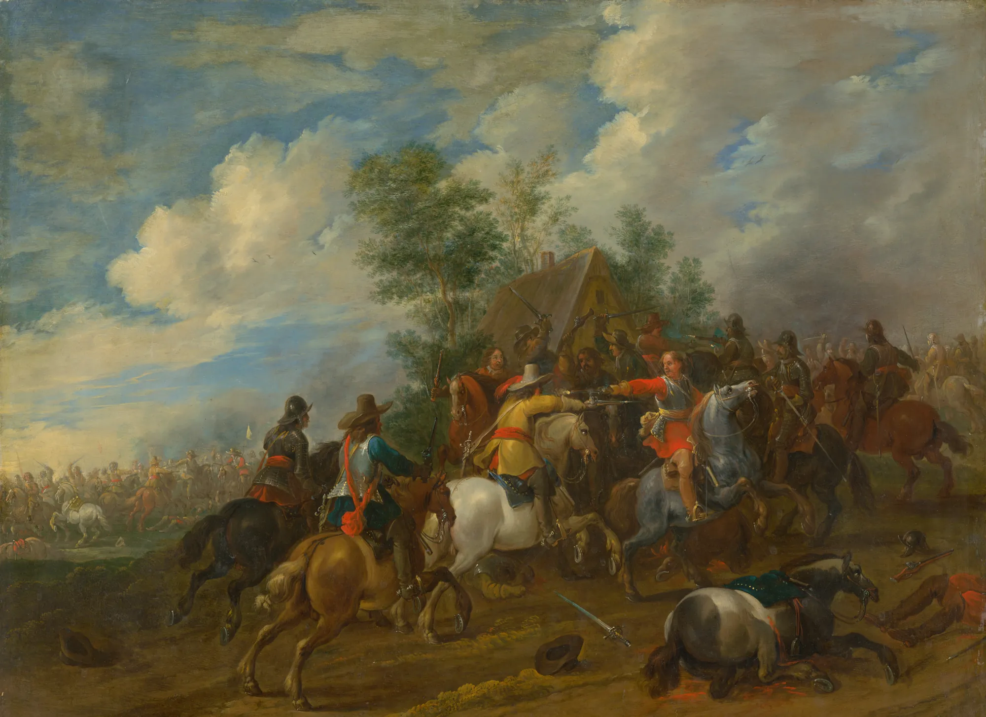 Cavalry Skirmish Cavalry Skirmish by Pieter Meulener. A dynamic 17th-century scene of soldiers on horseback engaged in a skirmish near a thatched-roof cottage under a dramatic cloudy sky.