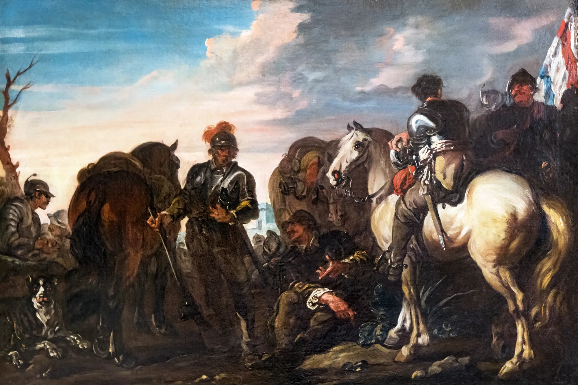 Rest of the Soldiers Rest of the Soldiers by Charles Parrocel. A group of soldiers and their horses are depicted resting in an open landscape beneath a wide, cloudy sky.
