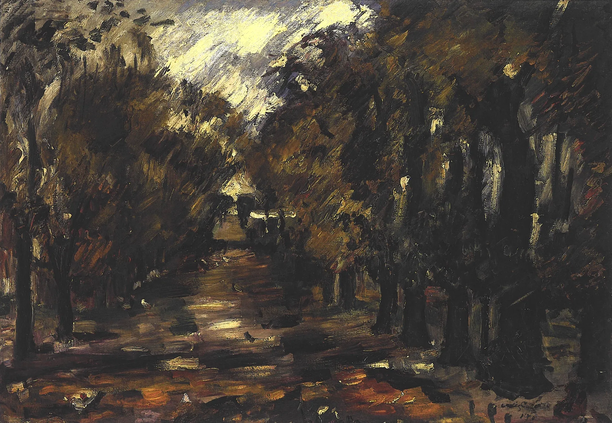 Baumallee in Niendorf Baumallee in Niendorf by Lovis Corinth. An avenue of dark trees flanking a central path, rendered with heavy, expressive brushstrokes and a high-contrast palette of deep browns and brilliant yellows.