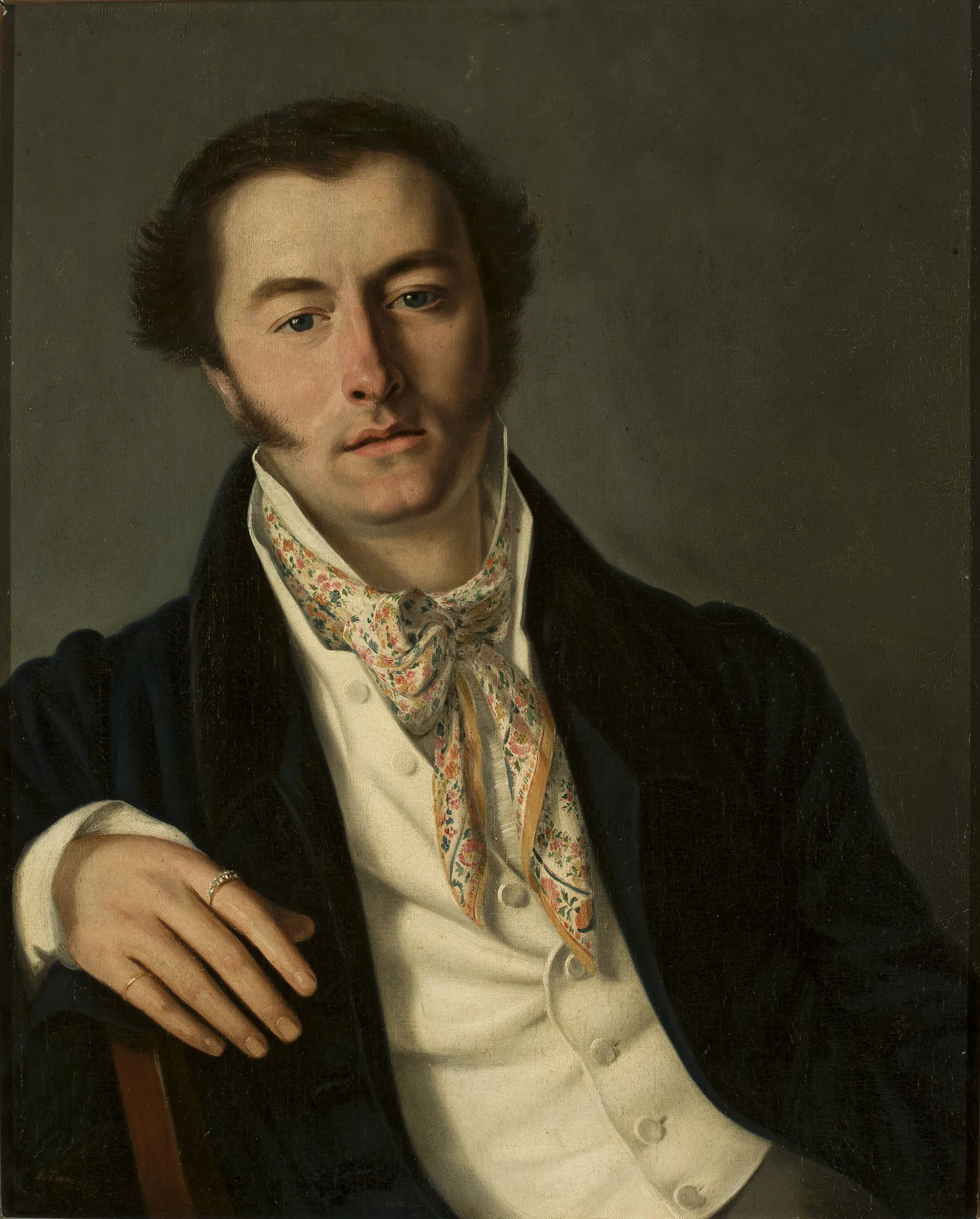 Portrait of a Man Portrait of a Man by Vasily Andreevich Tropinin. A waist-up portrait of a dark-haired man in a white waistcoat and a colorful floral cravat against a dark background.