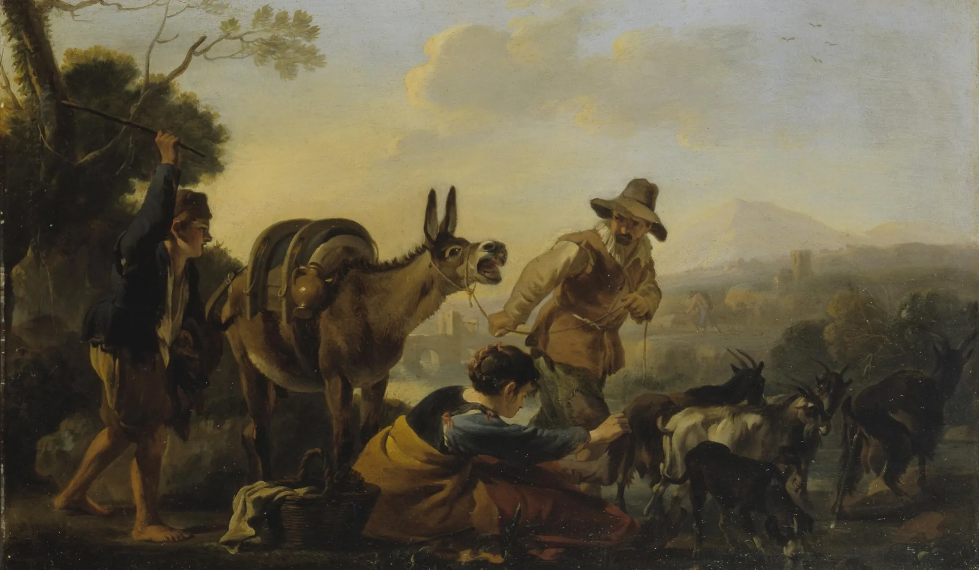 Genre Scene Genre Scene by Jan Miel. A group of peasants tending to a donkey and a herd of goats in a sunlit, hilly landscape.