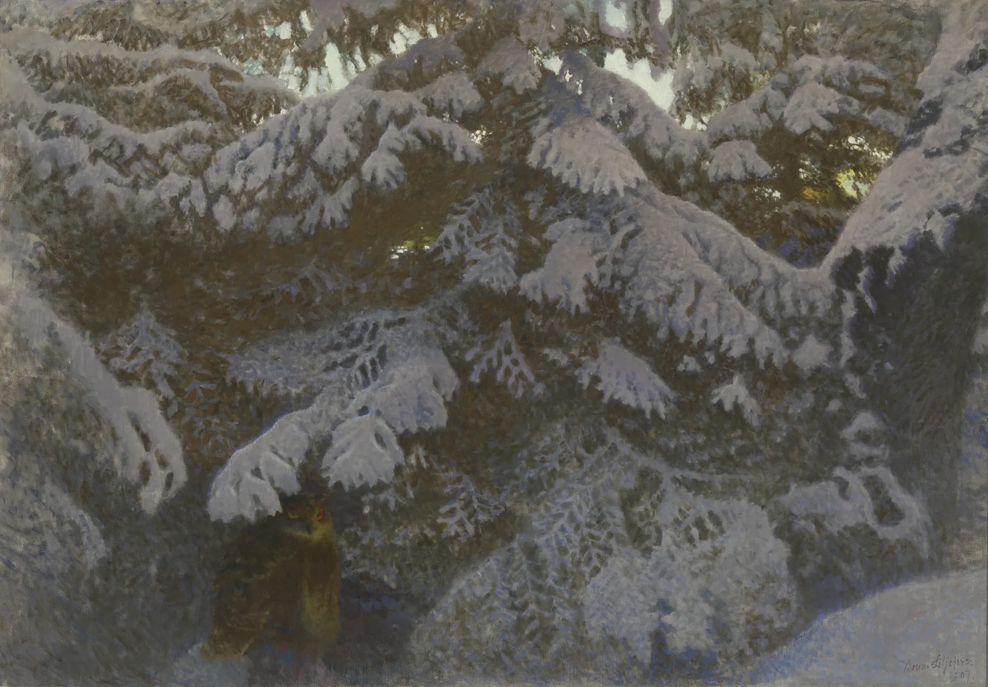Eagle Owl Under Snow-Covered Fir Trees