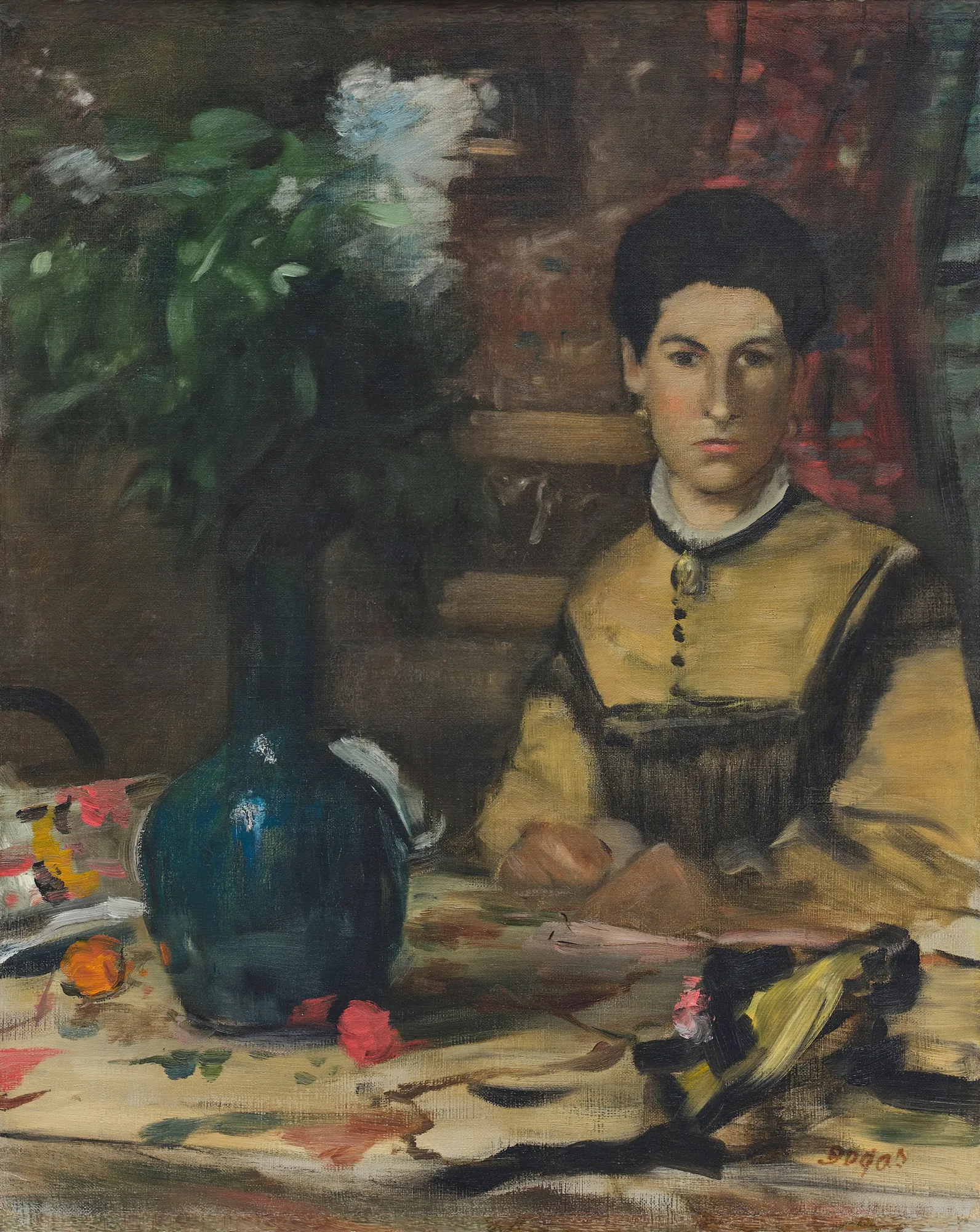 Madame de Rutté Madame de Rutté by Edgar Degas. An Impressionist oil portrait of a woman in a yellow gown seated behind a table with a prominent blue ceramic vase of flowers.