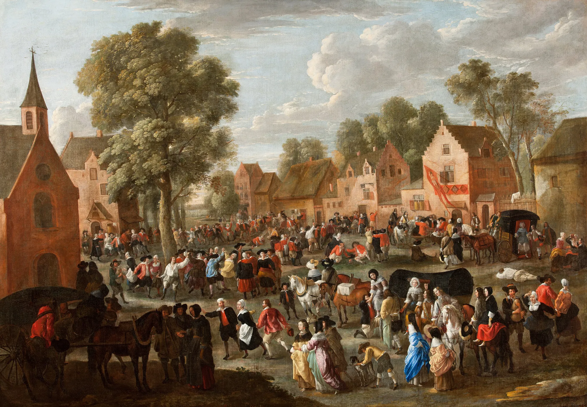 Village Kermis Village Kermis by Gillis van Tilborgh. A bustling 17th-century village square filled with people dancing, feasting, and socializing outside a church and tavern.
