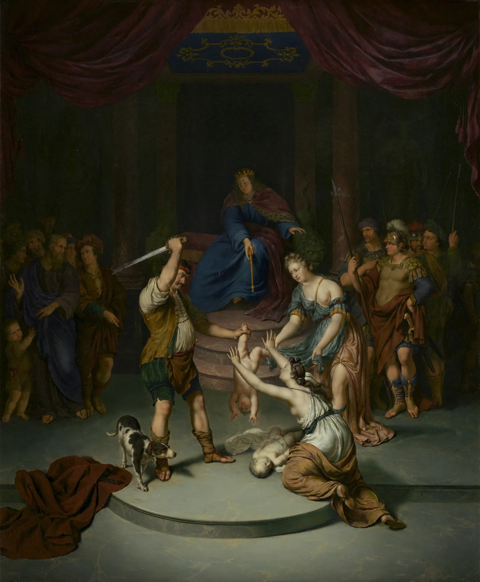 The Judgement of Solomon The Judgement of Solomon by Willem van Mieris. King Solomon sits on a high throne, presiding over a dramatic scene where an executioner raises a sword over a baby while two women plead before him.