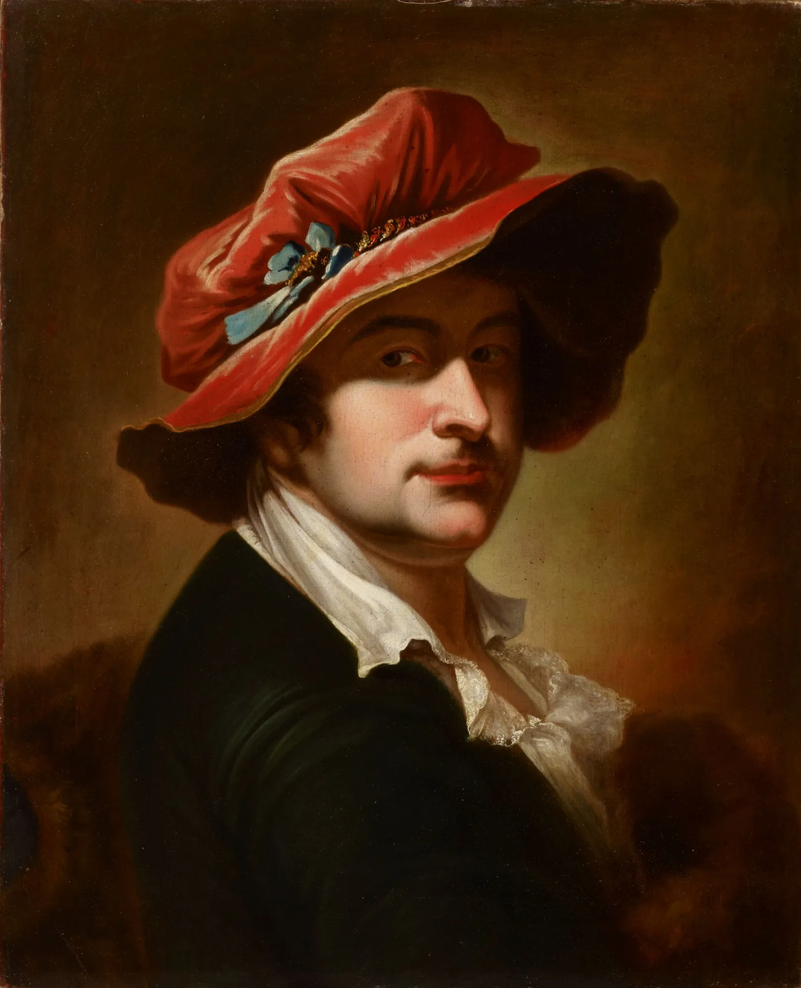 Self-Portrait Self-Portrait by David Richter the Elder. A half-length portrait of a man wearing a large, voluminous red hat adorned with a blue ribbon, a dark jacket, and a white ruffled cravat.