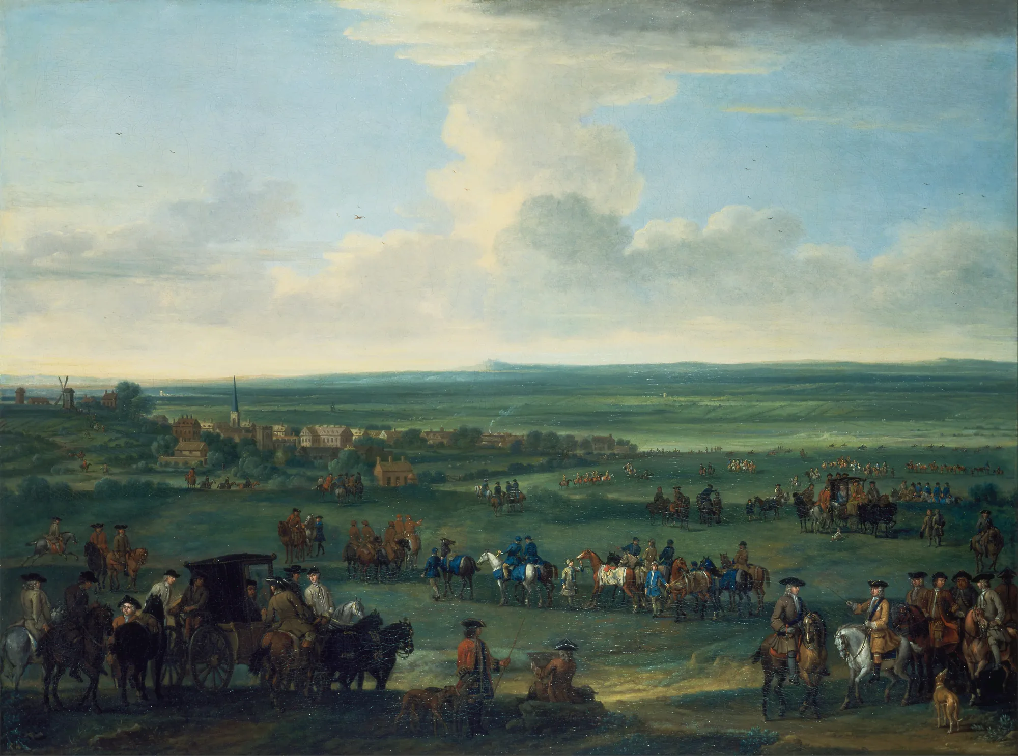 George I at Newmarket George I at Newmarket by John Wootton. An expansive 18th-century landscape depicting a royal gathering with horsemen, carriages, and hounds on the rolling fields of Newmarket under a clouded sky.
