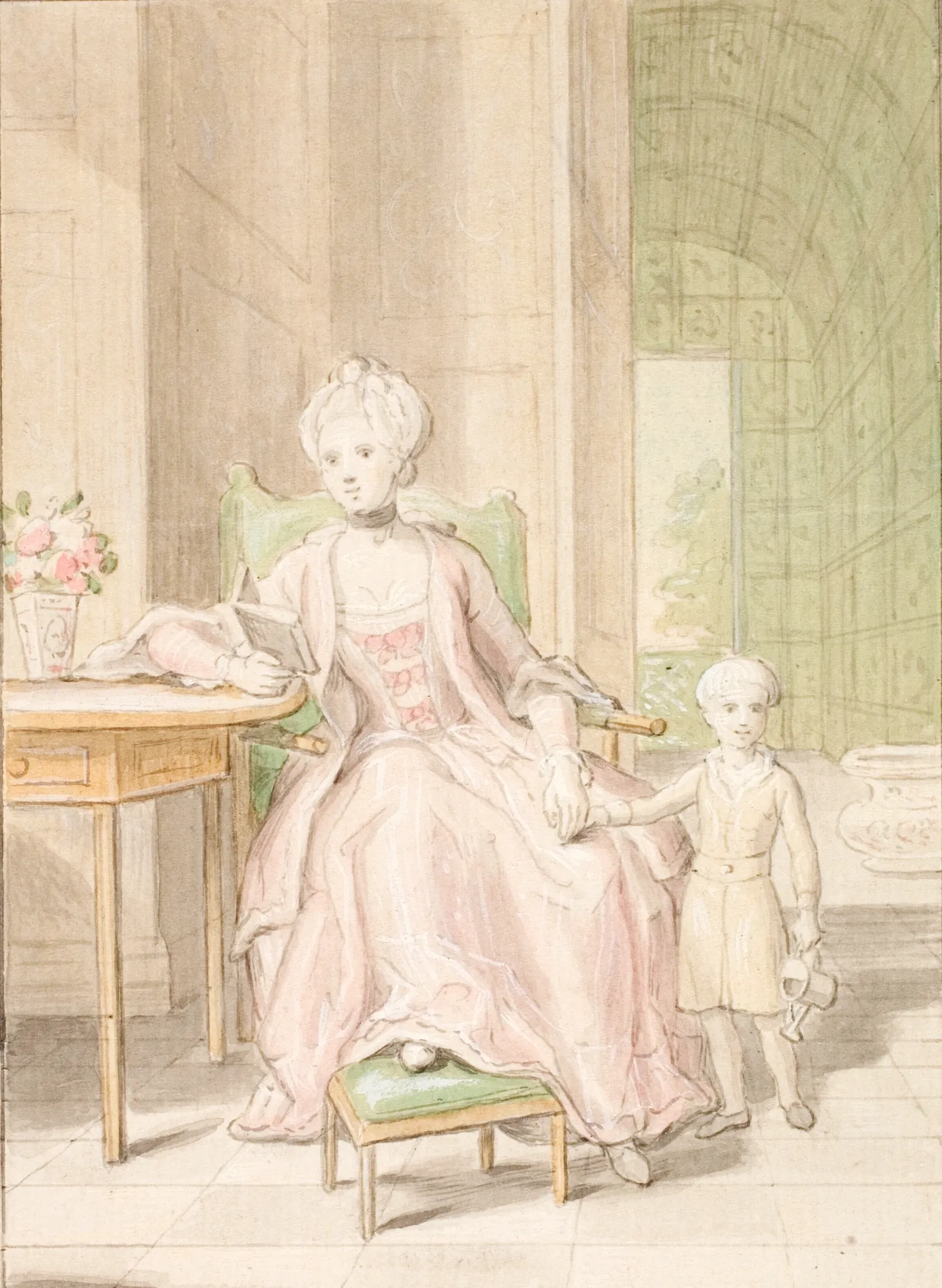 Queen Caroline Mathilde of Denmark with Crown Prince Frederik Queen Caroline Mathilde of Denmark with Crown Prince Frederik by Peder Als. An 18th-century watercolor sketch depicting a seated woman in a rose-colored gown holding the hand of a small child in a formal garden-adjacent room.
