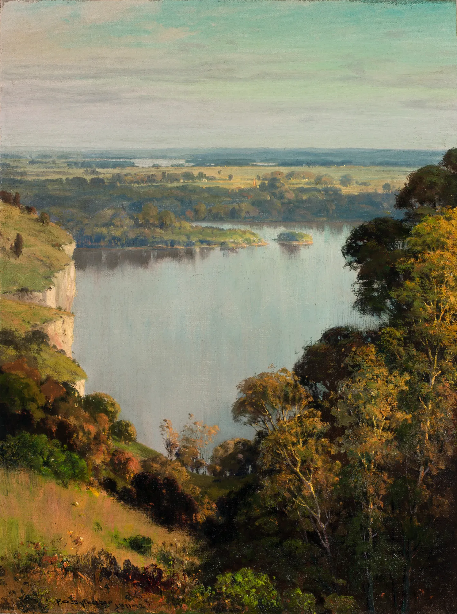 The River’s Golden Dream The River’s Golden Dream by Frederick Oakes Sylvester. A high-angle view of a wide, calm river winding through a lush valley, framed by steep bluffs and autumn-toned trees.