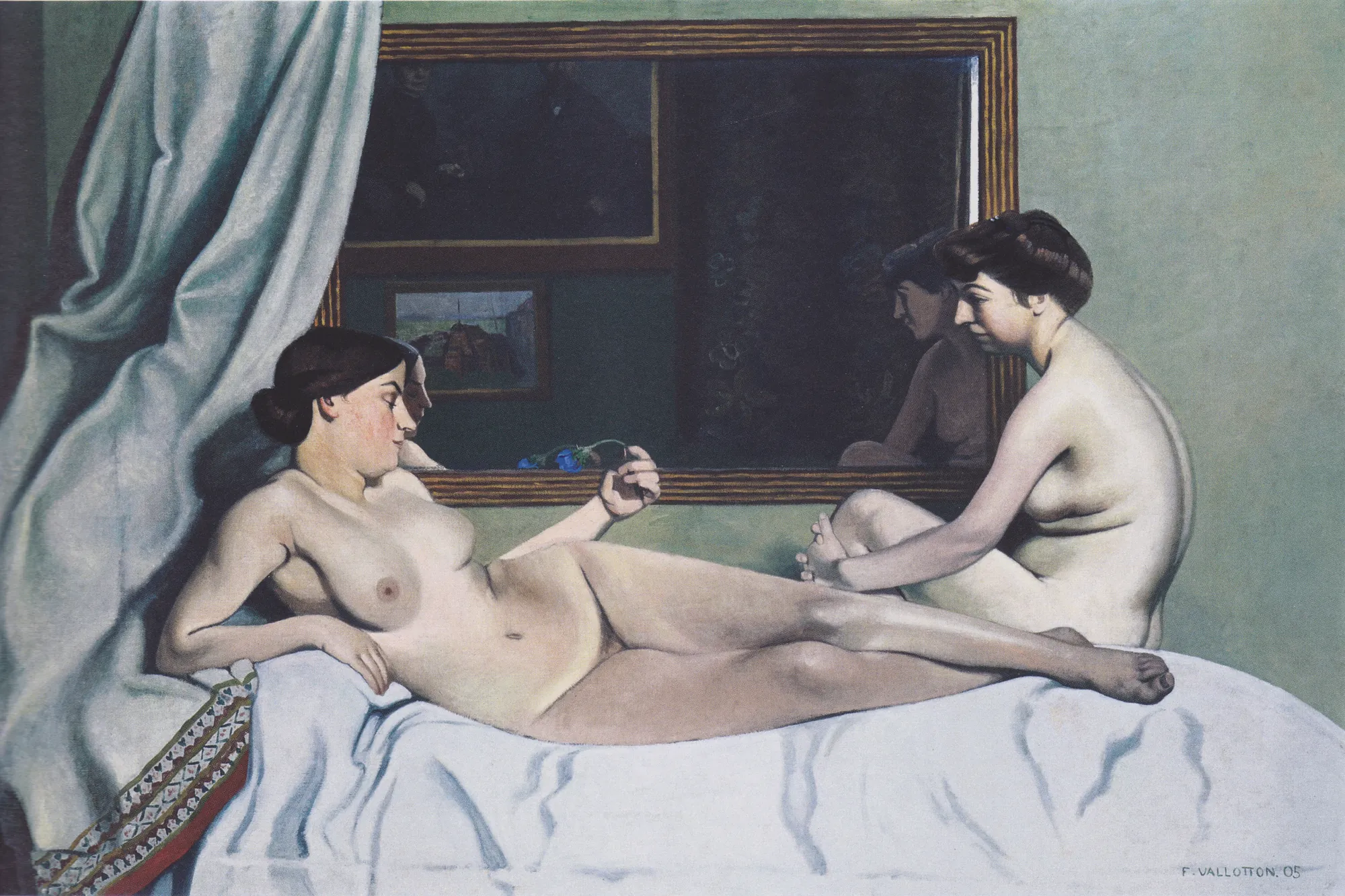 The Rest of the Models The Rest of the Models by Félix Vallotton. Two nude female figures are shown in a studio setting, one reclining on a white-clothed bed and another sitting upright, with a large mirror reflecting their forms against a green wall.