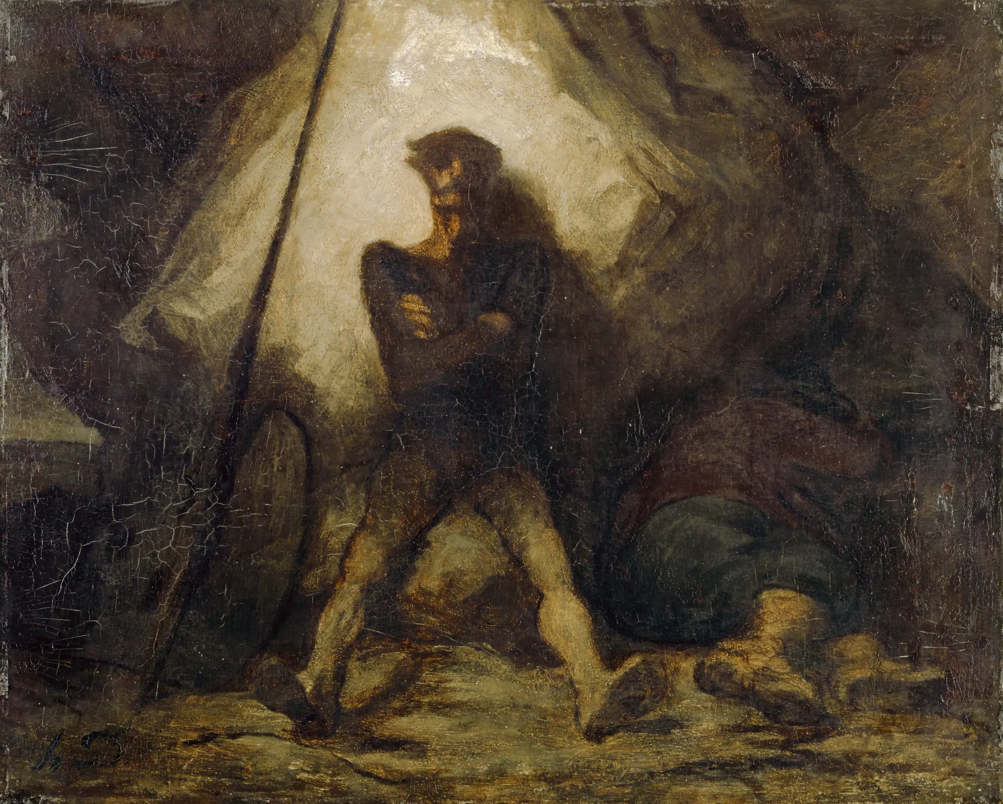 Don Quixote’s Vigil Don Quixote’s Vigil by Honoré Daumier. A silhouetted figure of Don Quixote stands guard with a lance, back-lit by a bright glow, while Sancho Panza sleeps in the shadows nearby.