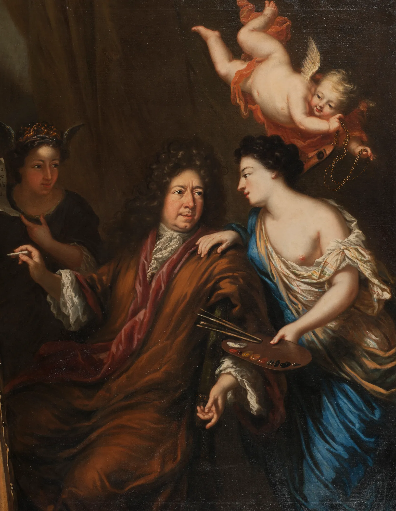 Self-Portrait with Allegories Self-Portrait with Allegories by David Klöcker Ehrenstrahl. A central figure of a male artist in a flowing robe is surrounded by allegorical figures, including a winged cherub and a woman holding a painter's palette.