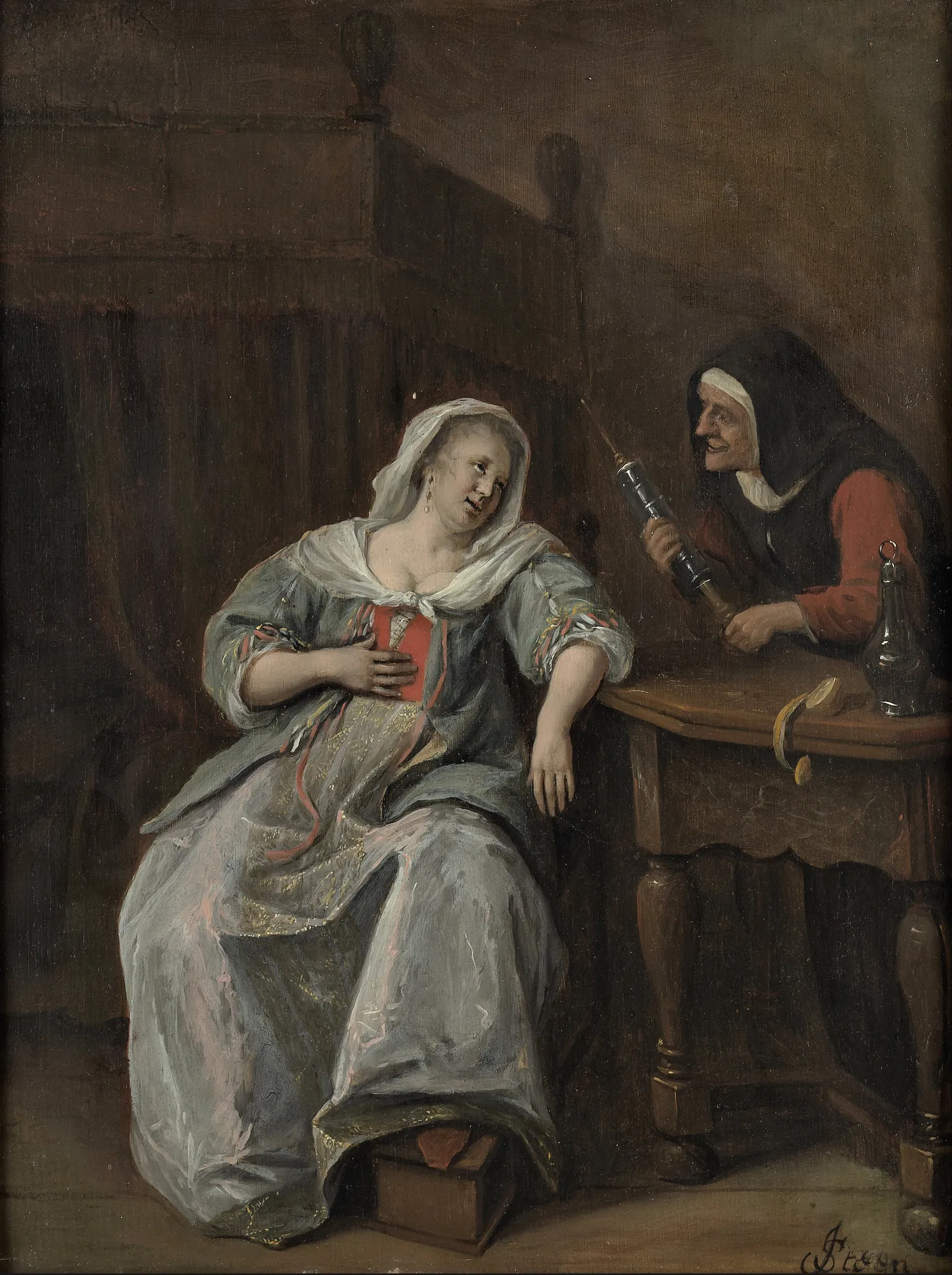The Sick Woman The Sick Woman by Jan Steen. An interior scene showing a young woman in a blue and red gown leaning back in a chair while an older woman holds a large medical syringe.