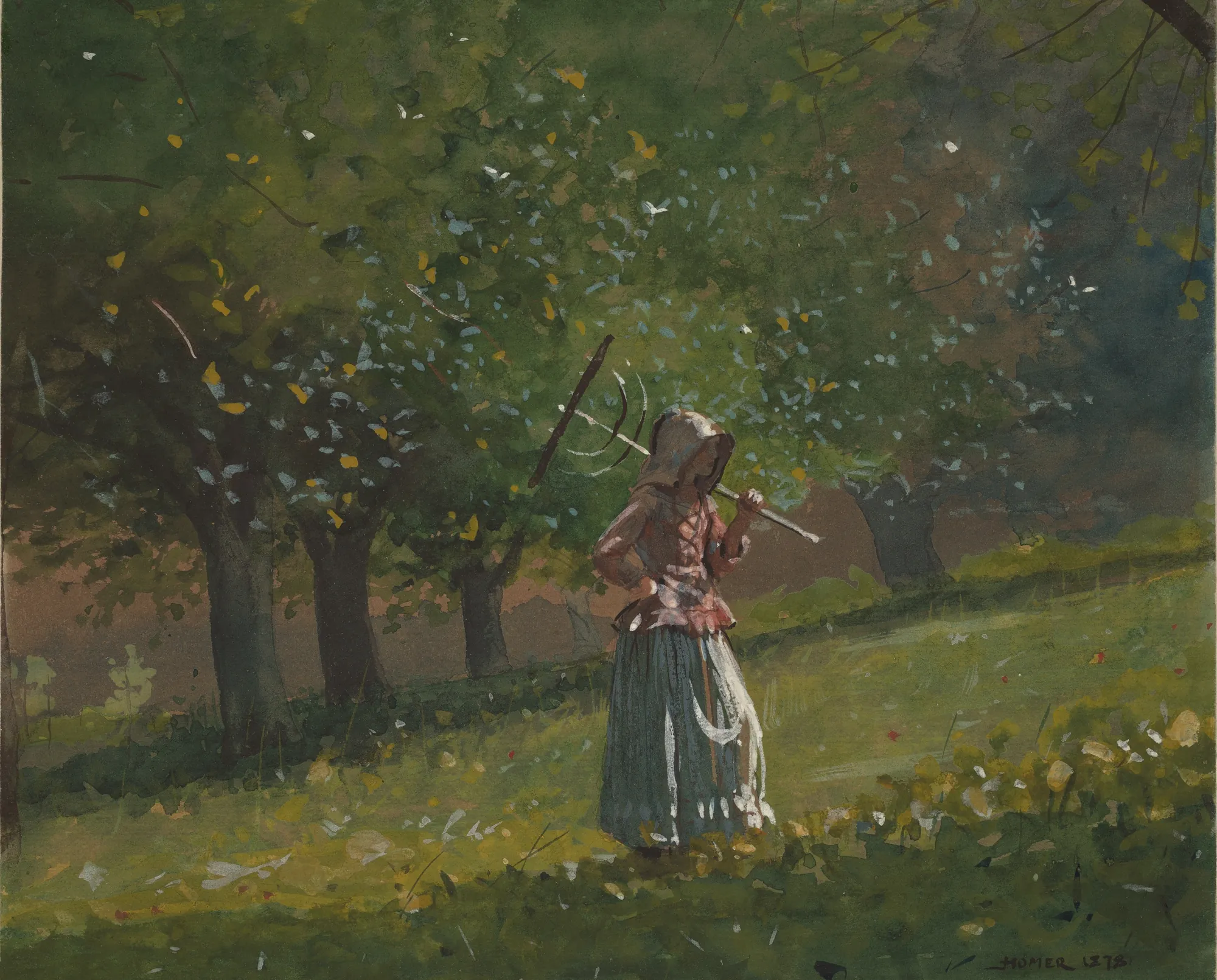 Girl with Hay Rake Girl with Hay Rake by Winslow Homer. A young woman in a hooded jacket and long skirt stands in a sun-dappled orchard, carrying a wooden hay rake over her shoulder.