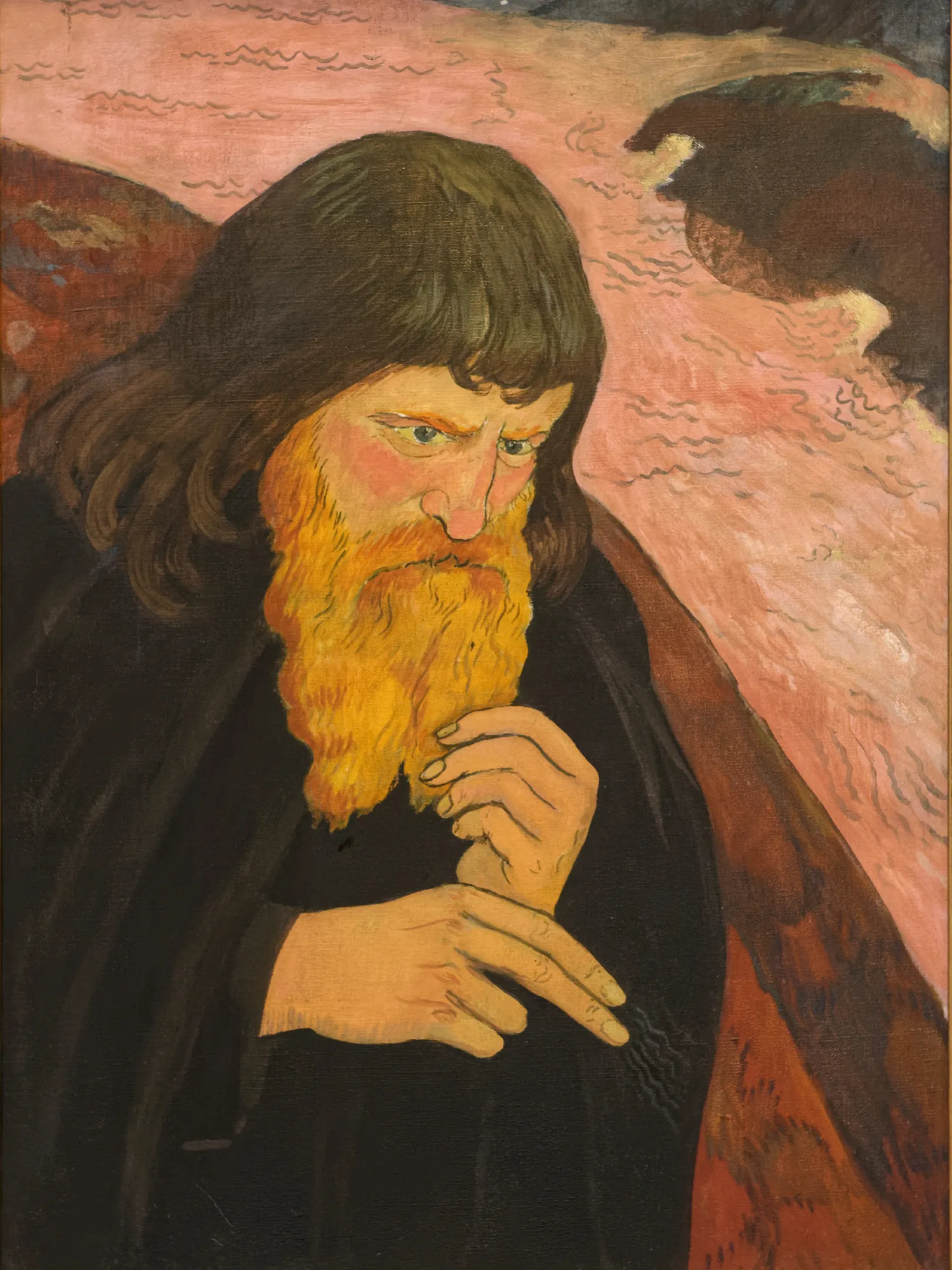 The Nabi with the Sparkling Beard The Nabi with the Sparkling Beard by Georges Lacombe. A post-impressionist portrait of a man with a long, vibrant orange beard and dark robes against a stylized pink landscape.