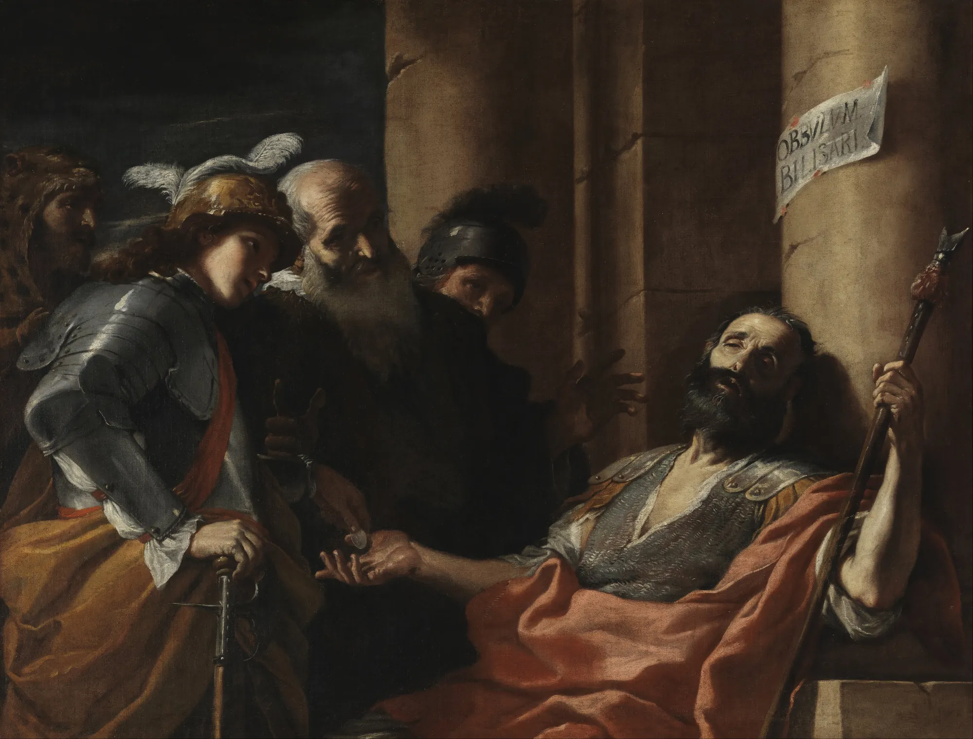 Belisarius Receiving Alms Belisarius Receiving Alms by Mattia Preti. A group of men, including a soldier in polished armor, gathers around a blind, bearded man leaning against a stone pillar to offer him charity.