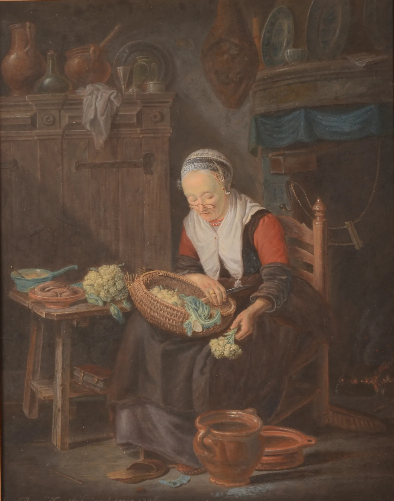 Interior of a Kitchen Interior of a Kitchen by Johannes Petrus van Horstok. An elderly woman in traditional Dutch attire sits in a rustic kitchen, carefully peeling vegetables into a wicker basket.