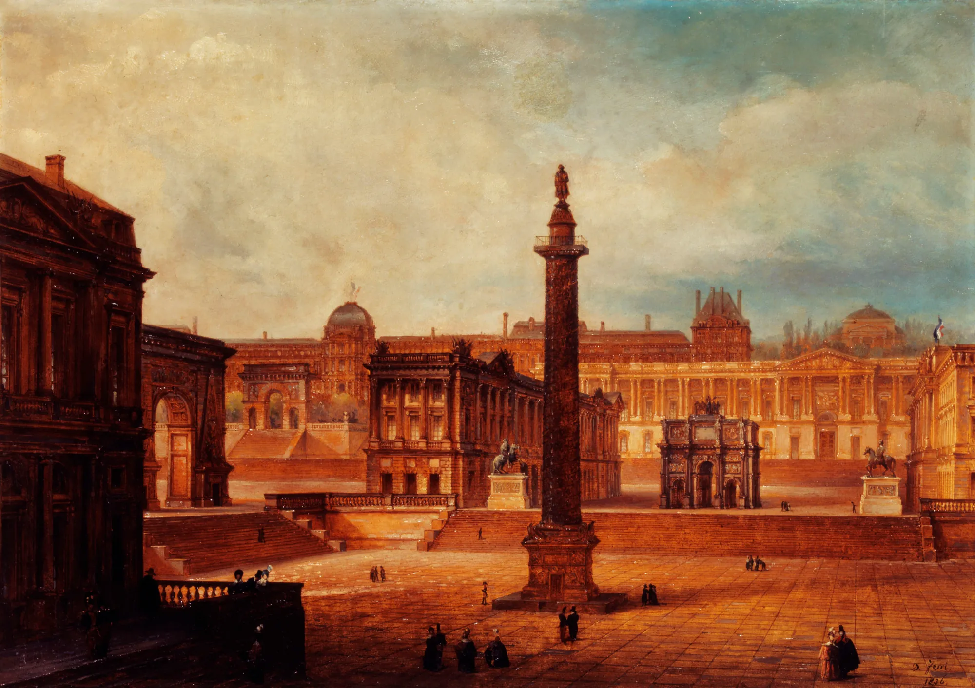Composite View of Parisian Monuments Composite View of Parisian Monuments by Domenico Ferri. An architectural painting of a grand plaza in Paris featuring a central triumphal column and various classical monuments under a hazy sky.