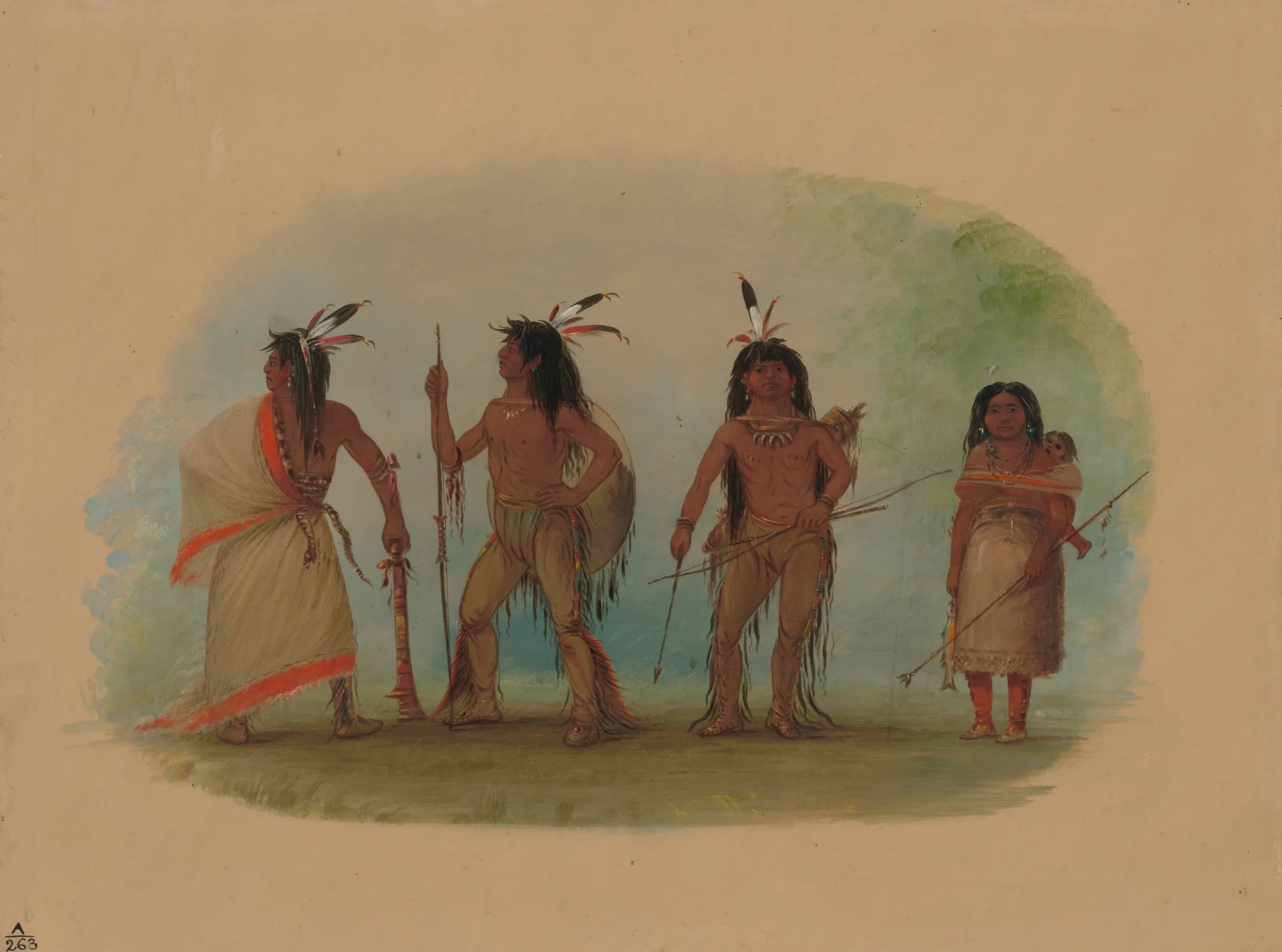 Four Apache Indians Four Apache Indians by George Catlin. Four Apache individuals are depicted in traditional attire against a neutral tan background with a light green-tinged vignette.