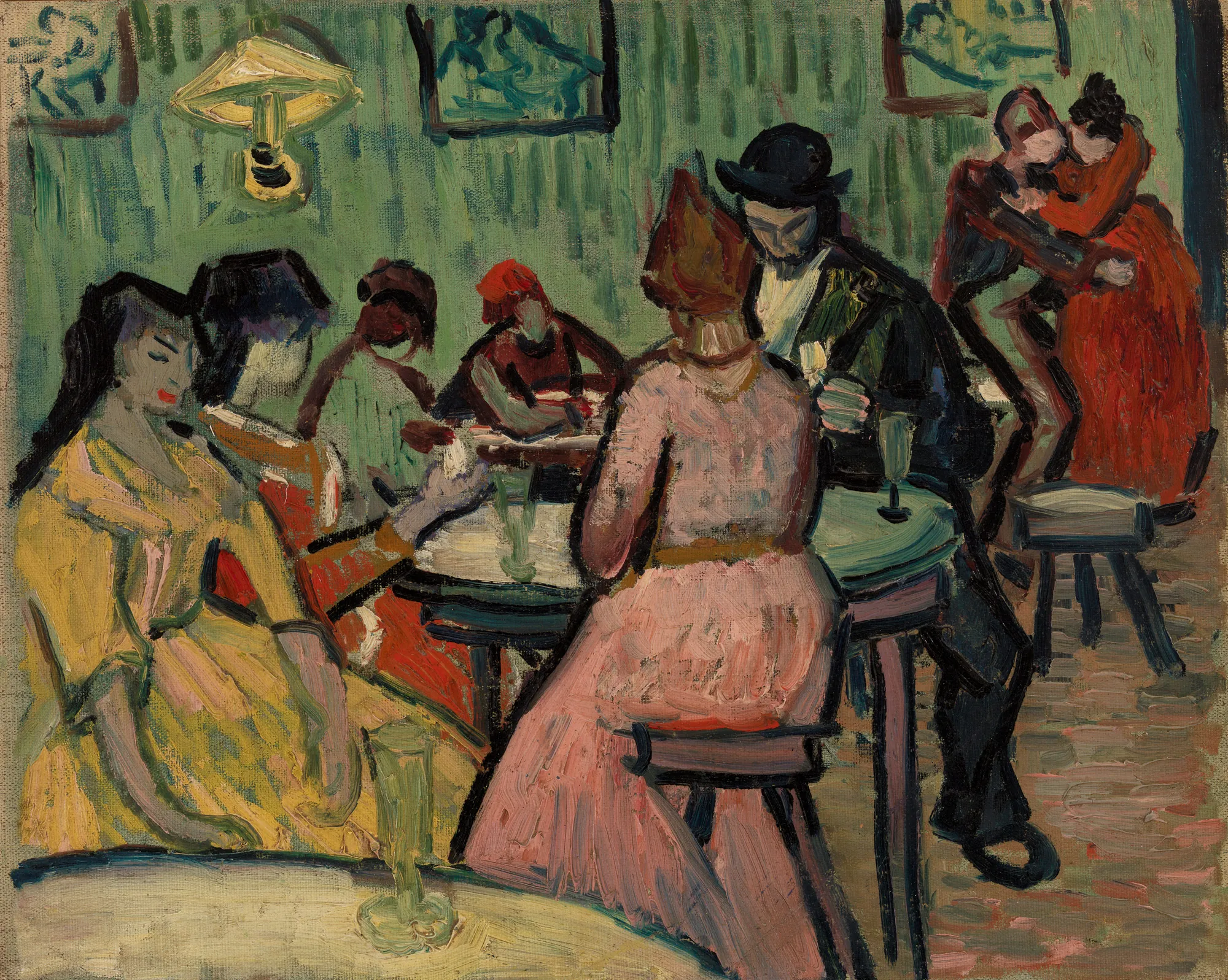 The Brothel The Brothel by Vincent van Gogh. A group of figures in colorful attire sit around cafe tables in a dimly lit room with green striped walls.