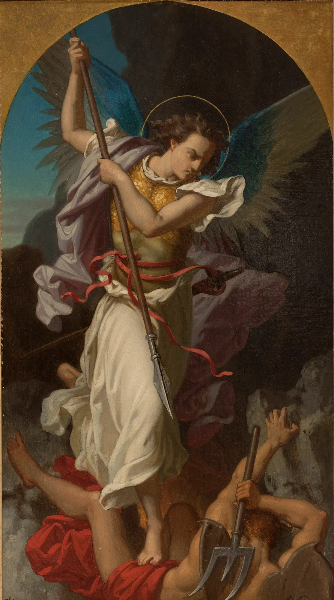 Saint Michel terrassant le Démon Saint Michel terrassant le Démon by Gustave-Adolphe Chassevent-Bacques. A dynamic religious painting of the Archangel Michael with large wings and a golden halo standing triumphantly over a fallen demon while brandishing a spear.